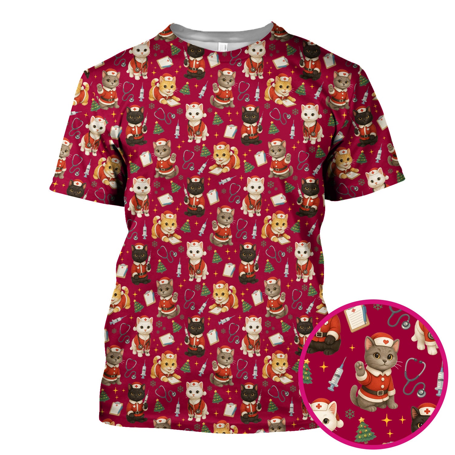 Funny Nurse Scrub Top for Women - Christmas Lucky Cat Design - Cute Holiday Nursing Shirt Gift for RN LPN CNA