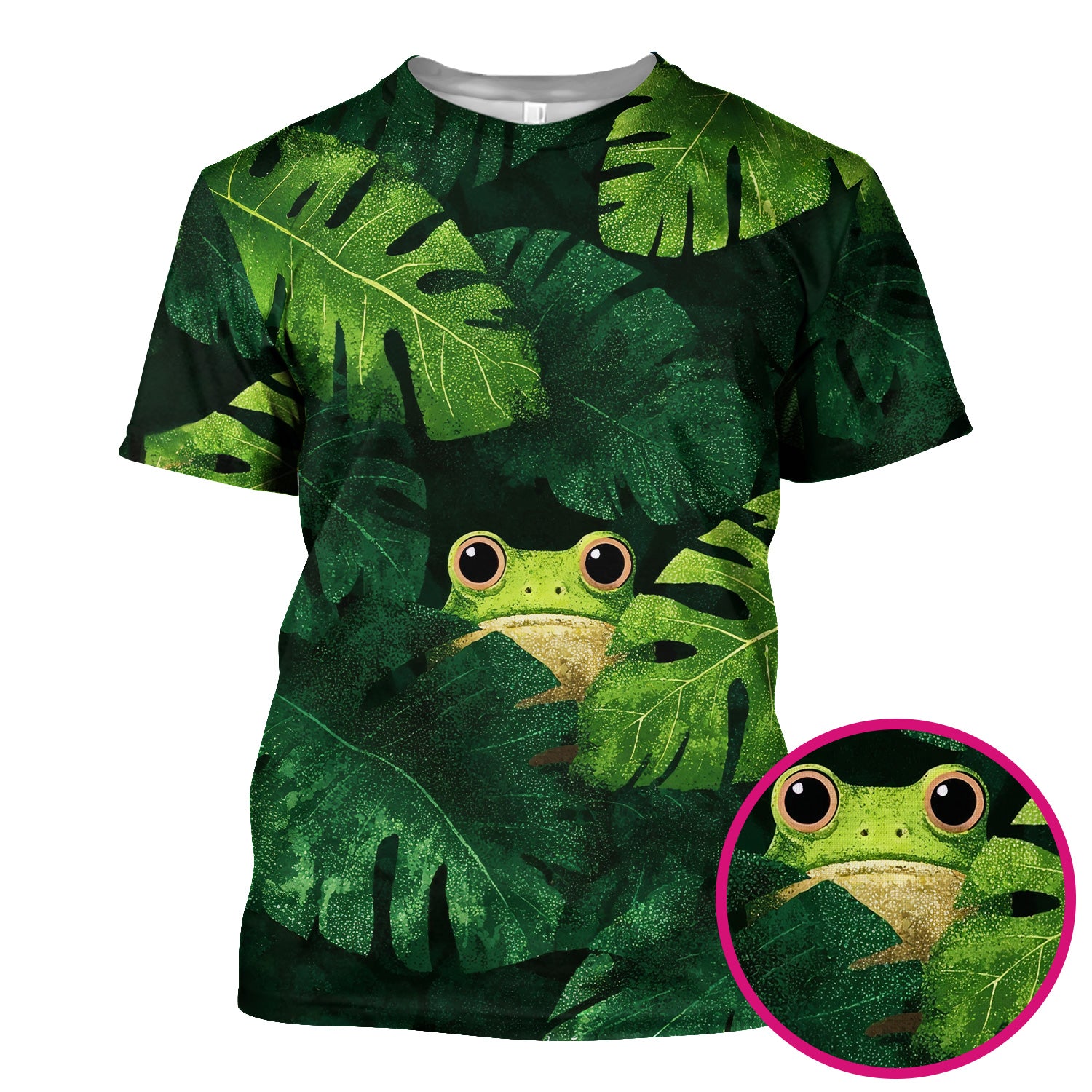Cute Frog Hiding Jungle Leaves Pattern Nurse Scrub Top, Breathable Fabrics Nursing Uniform