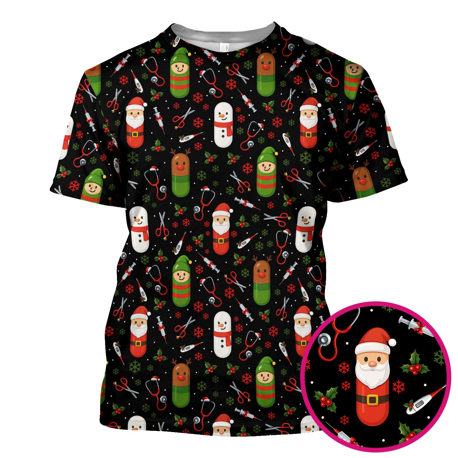 Christmas Scrub Top for Nurses – Cute Santa and Medical Tools Pattern – Holiday Nurse Scrubs with Snowman and Reindeer Design