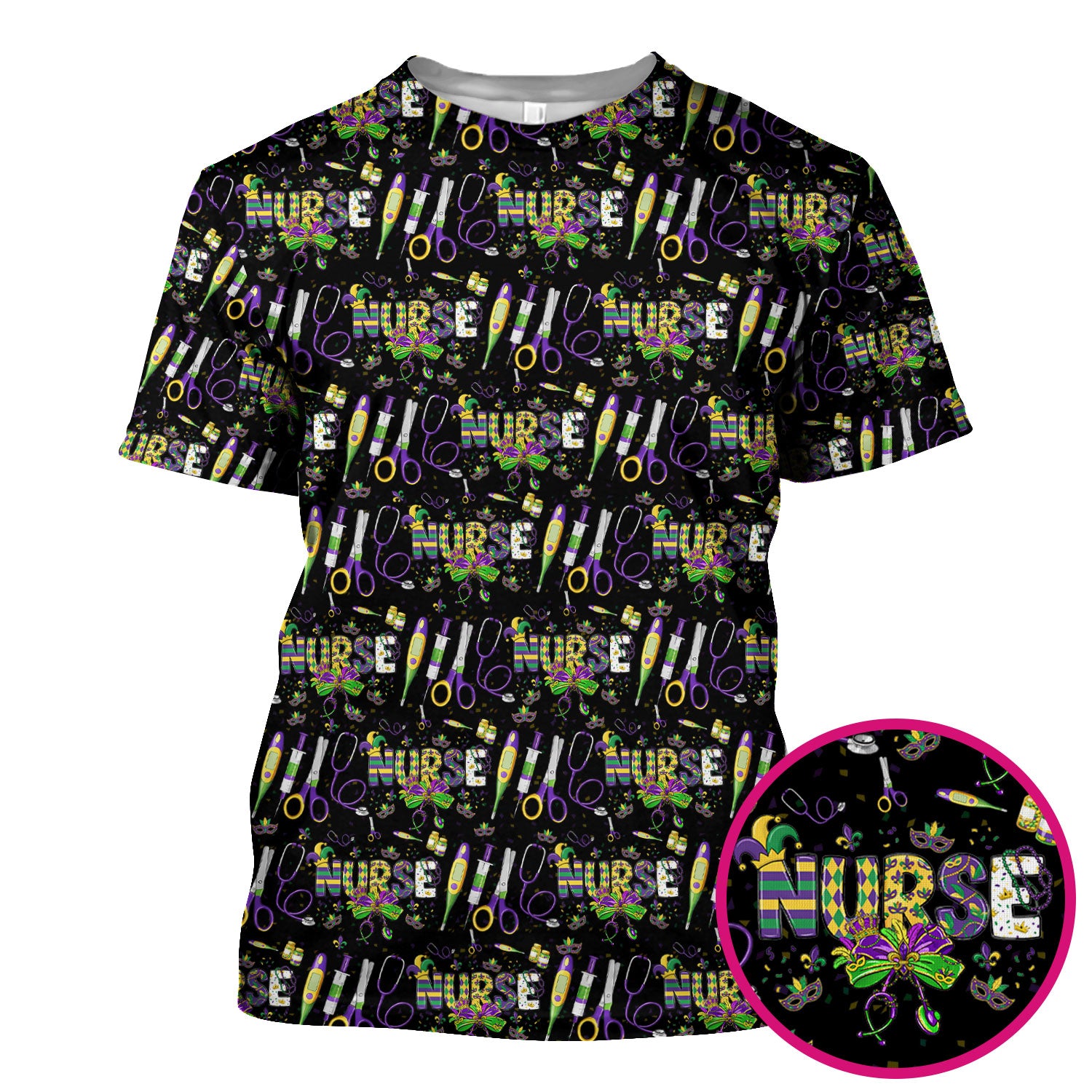 Mardi Gras Nurse Scrub Top, Holiday Medical Pattern Nurse Shirt, Breathable Fabrics Nursing Uniform