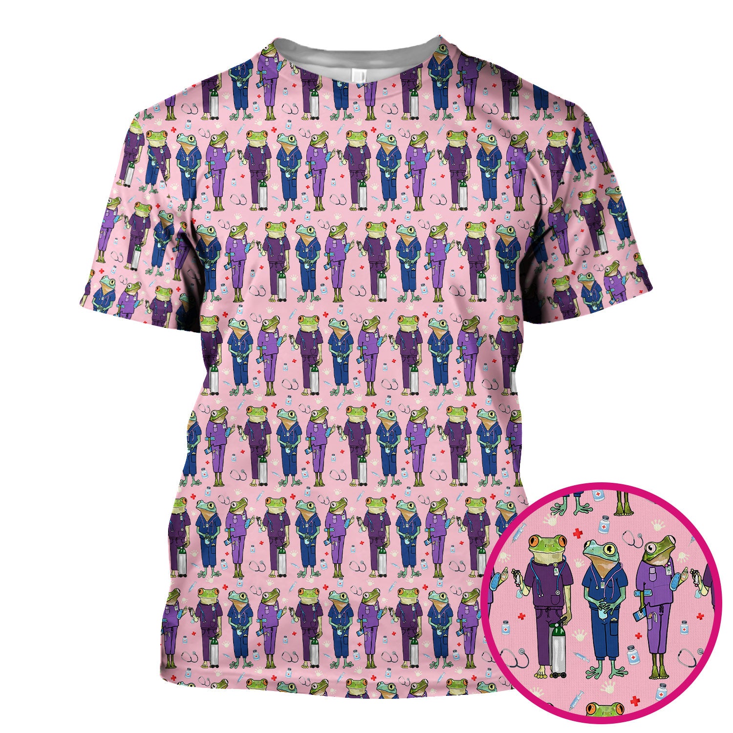 Funny Frog Nurse Pattern Scrub Top, Breathable Healthcare Uniform Top