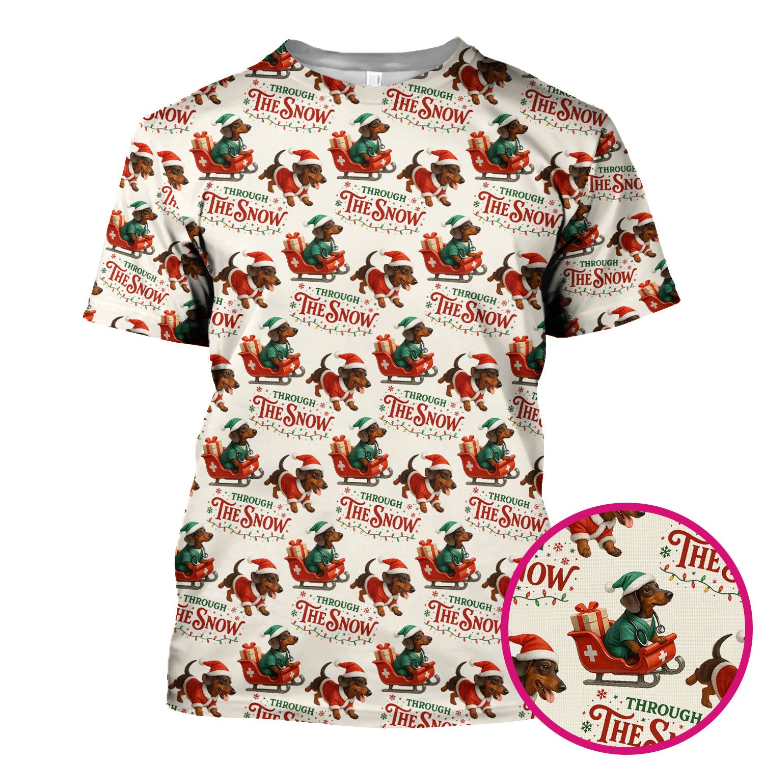Dachshund Christmas Scrub Top, Cute Dog Nurse Scrub Shirt, Through The Snow Pattern Nursing Uniform