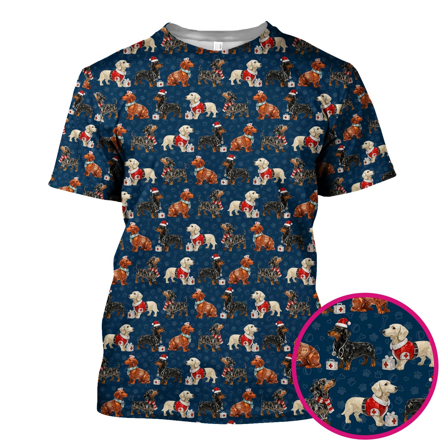 Funny Dachshund Christmas Dog Nurse Scrub Top, Holiday Puppy Medical Uniform Shirt For Nursing