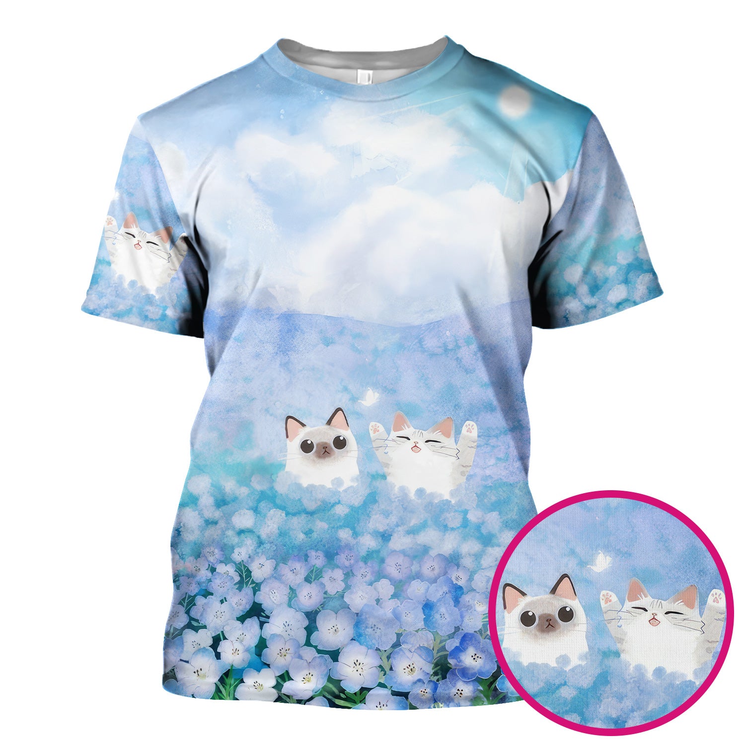 Dreamy Cat Cloud Hydrangea Sky Pattern Scrub Top, Comfortable Scrubs for Nurses