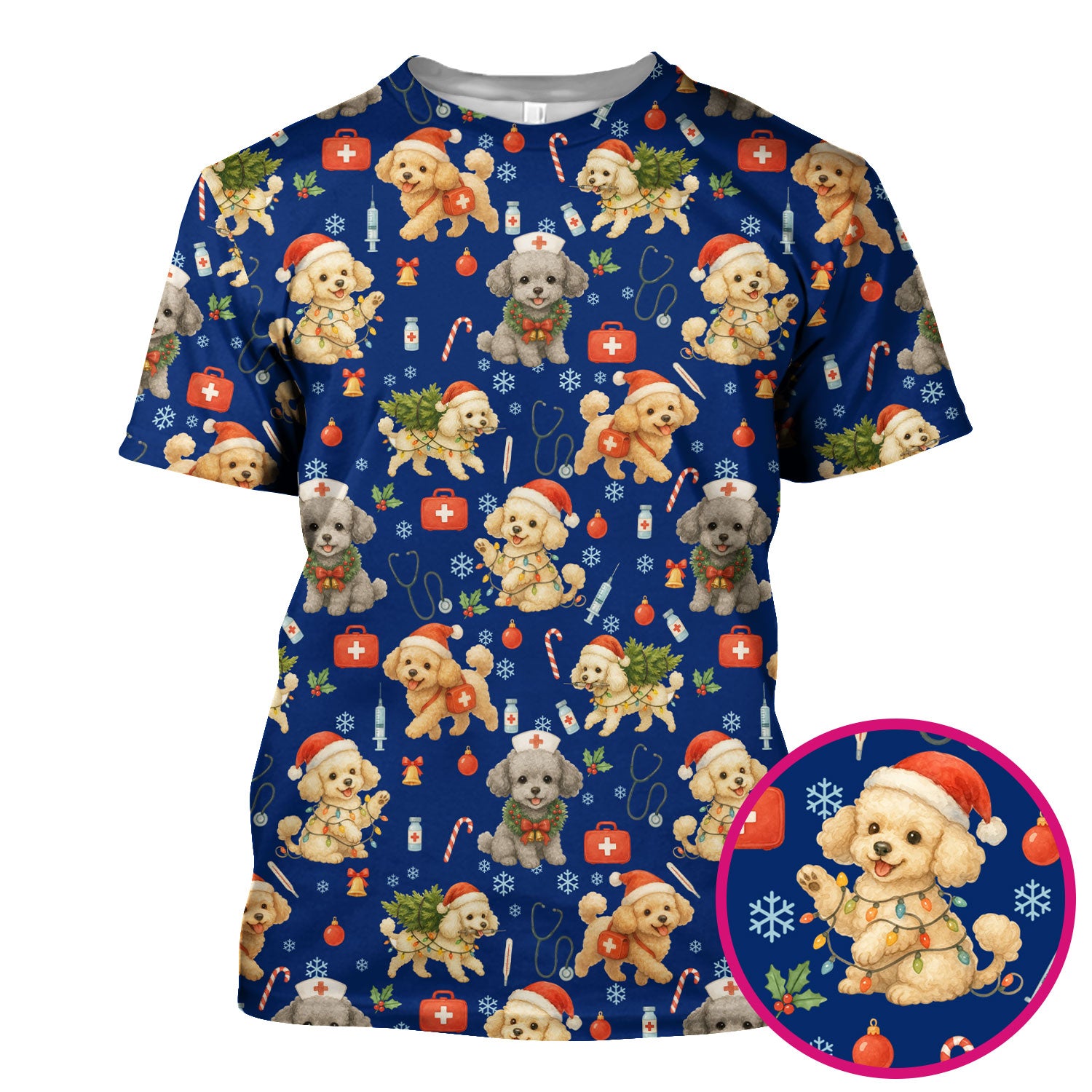 Cute Christmas Dog Scrub Top - Puppy Nurse Shirt Santa Hat Print - Holiday Medical Scrubs Gift for Women CNA RN Doctor