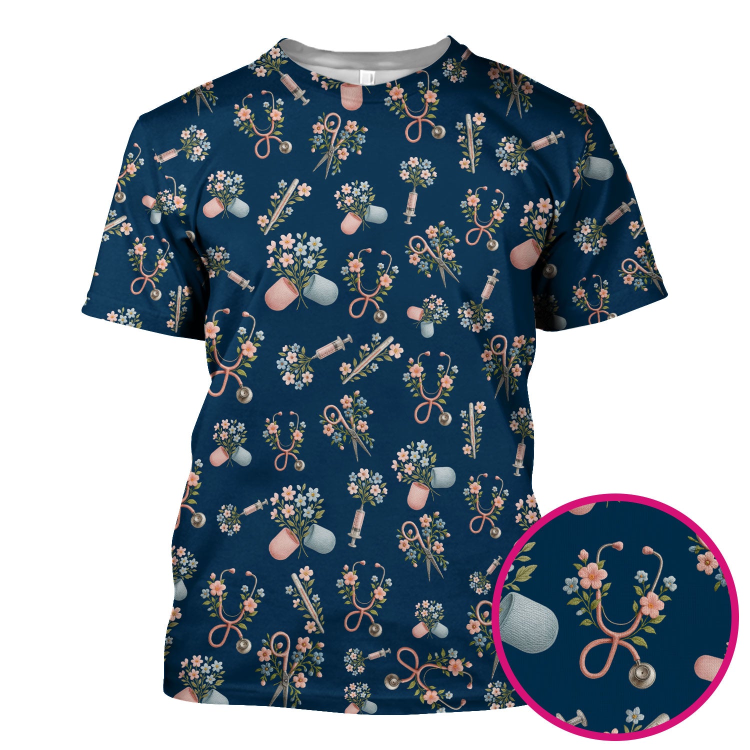 Floral Medical Scrub Top, Elegant Stethoscope With Flower Nursing Shirt, Breathable Fabrics Nurse Uniform