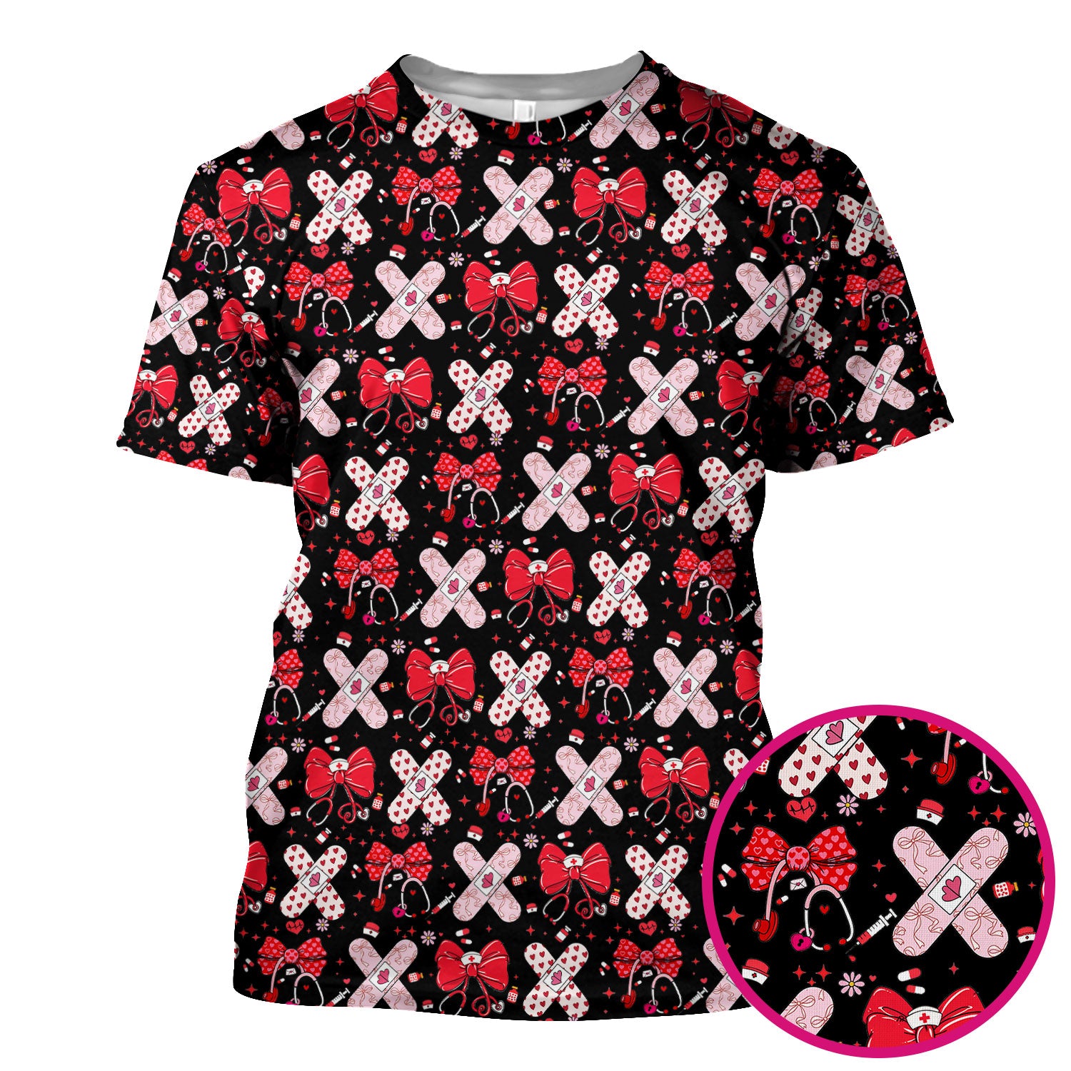 Valentine Nurse Scrub Top, Red Bow And Heart Bandage Pattern Medical Shirt, Breathable Fabrics Nursing Uniform