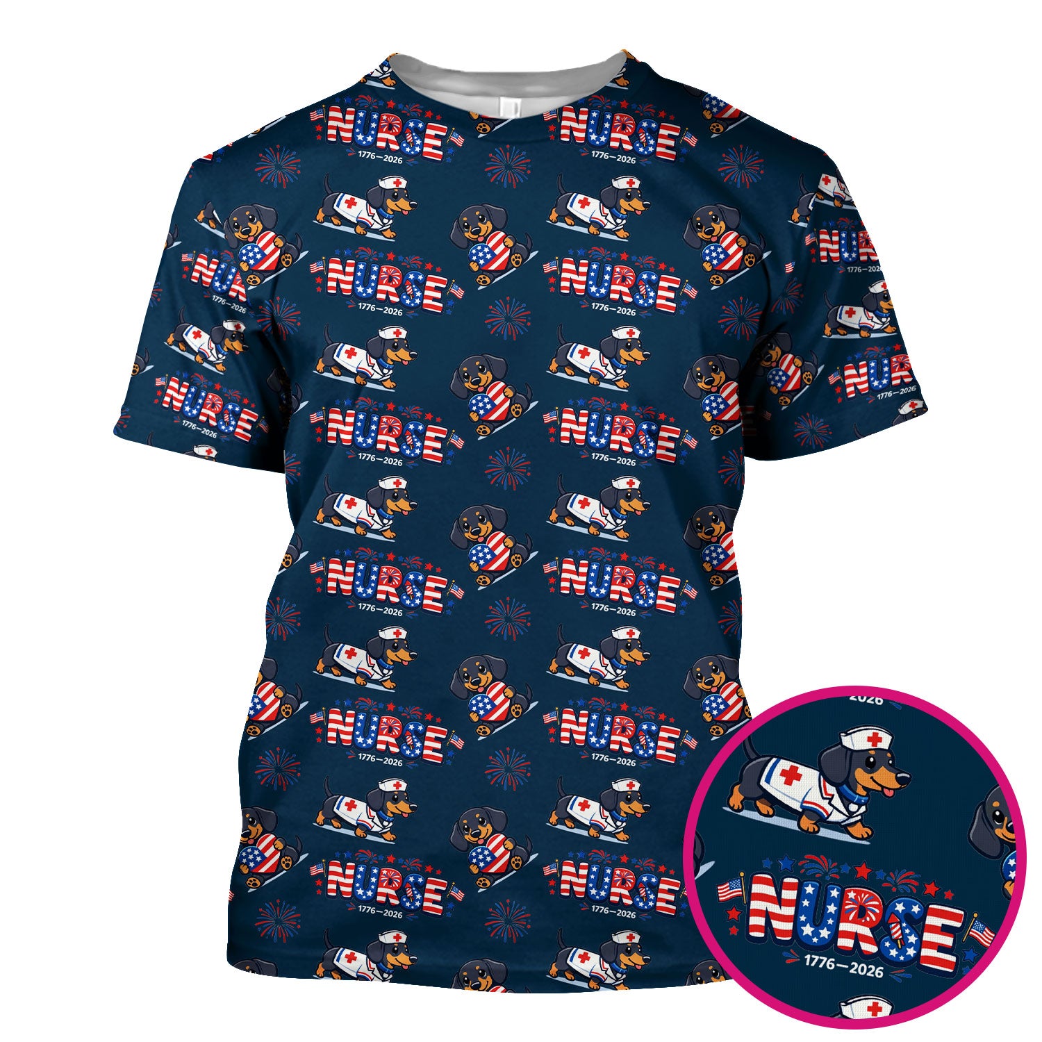 Proud Nurse Patriotic Dachshund Medical Firework Pattern Scrub Top, Comfortable Scrubs for Nurses