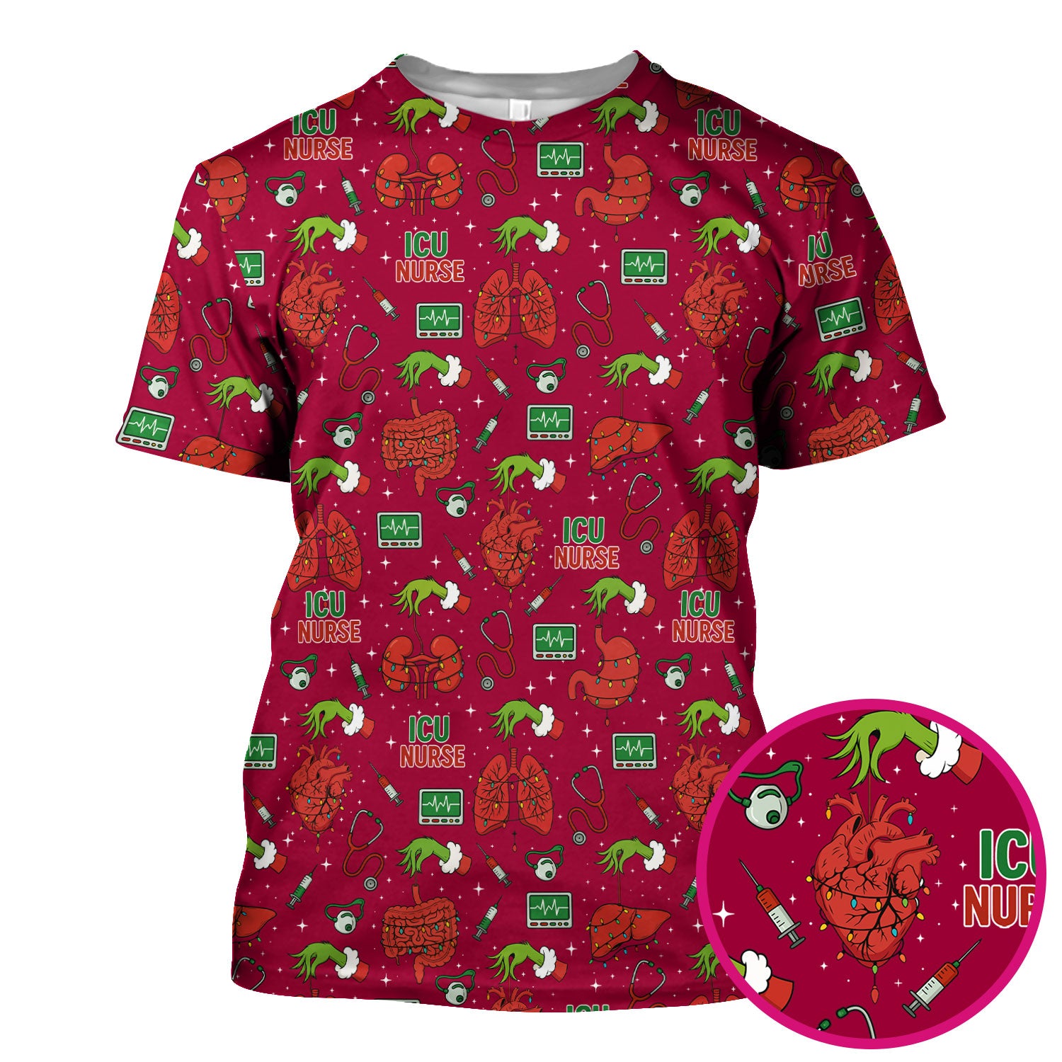 Christmas ICU Nurse Scrub Top - Funny Heart Anatomy Pattern - Holiday Nursing Shirt Gift for RN LPN CNA
