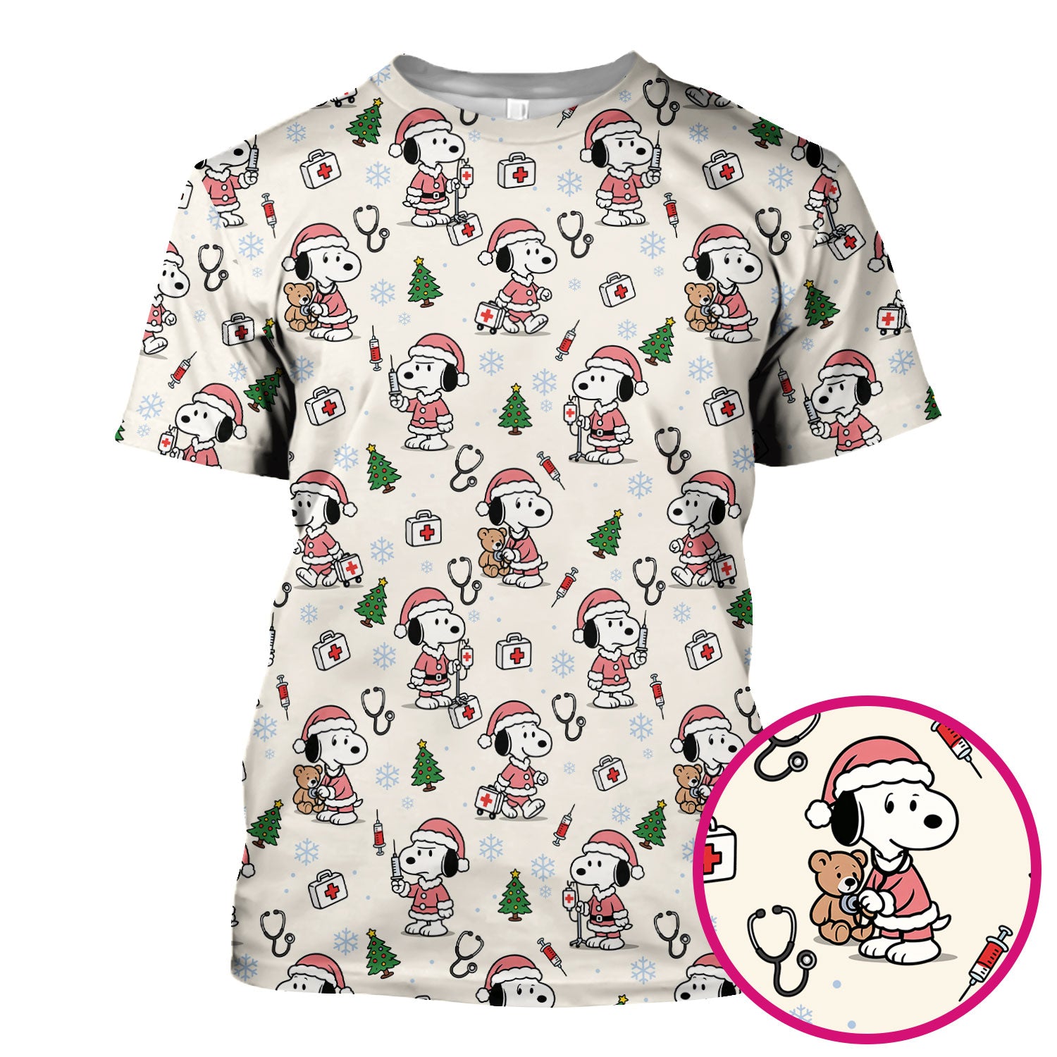 Snoopy Christmas Nurse Scrubs Top - Cute Pink Holiday Nursing Shirt - Funny Xmas Scrub Top for Women Nurses & Medical Workers