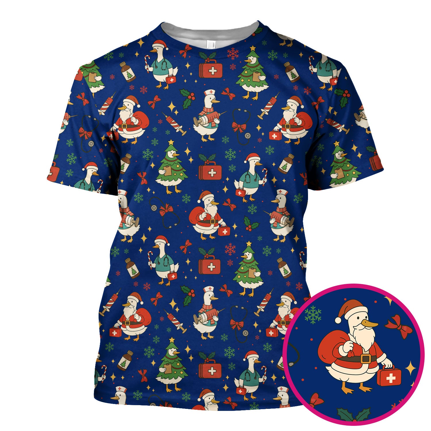 Christmas Duck Nurse Scrub Top for Women - Cute Santa Claus Pattern - Funny Holiday Nursing Shirt Gift for RN LPN CNA