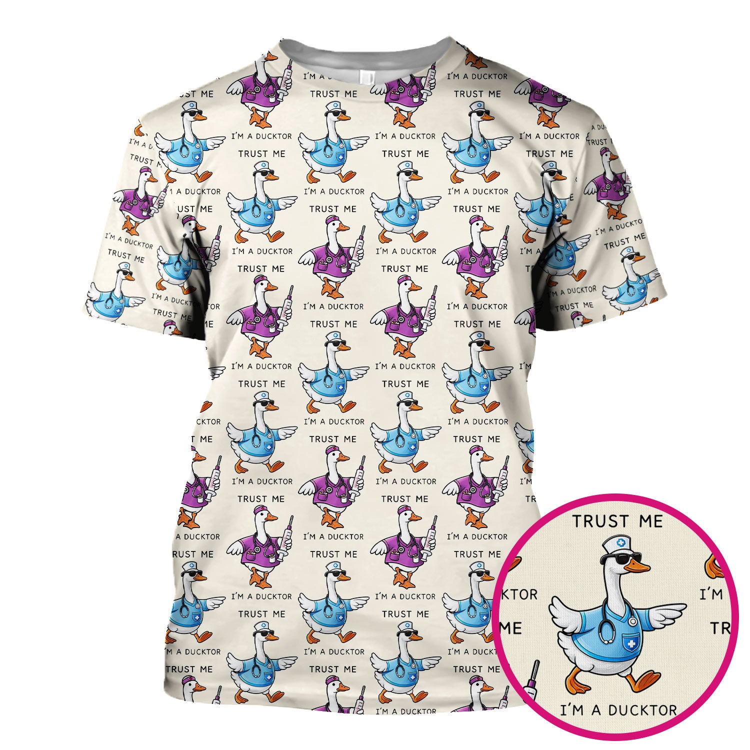 Funny Duck Cartoon Medical Pattern Scrub Top, Comfortable Scrubs for Nurses