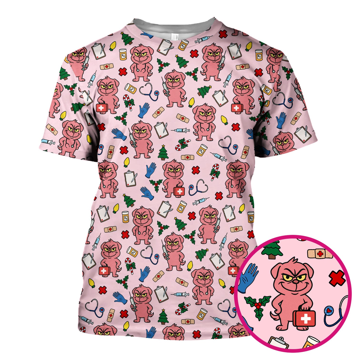 Funny Pink Dog Christmas Scrub Top - Holiday Nurse Scrubs for Women - Cute Medical Pattern with Tree, Lights and Stethoscope Print