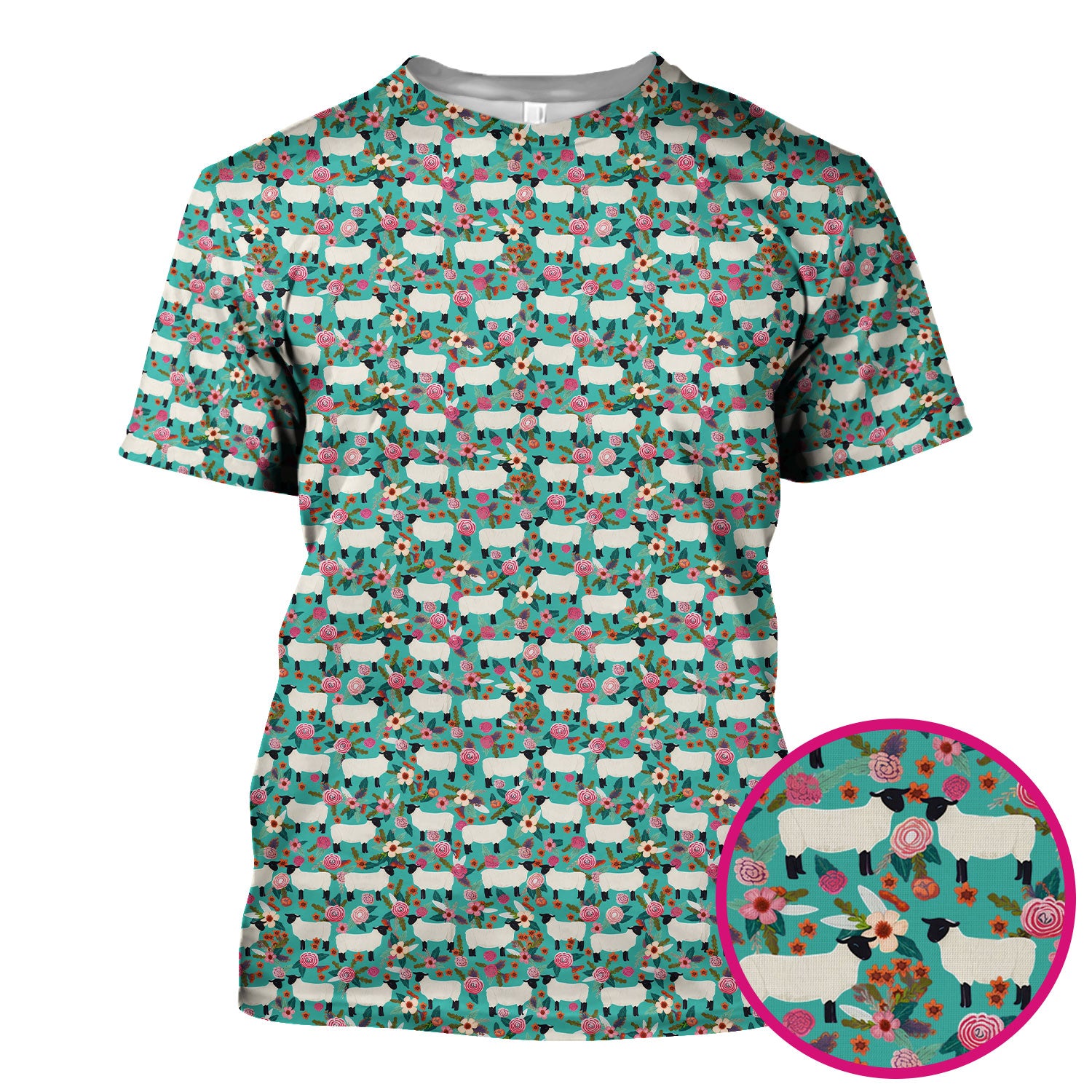 Cute Sheep Floral Meadow Pattern Scrub Top, Comfortable Scrubs For Nurses