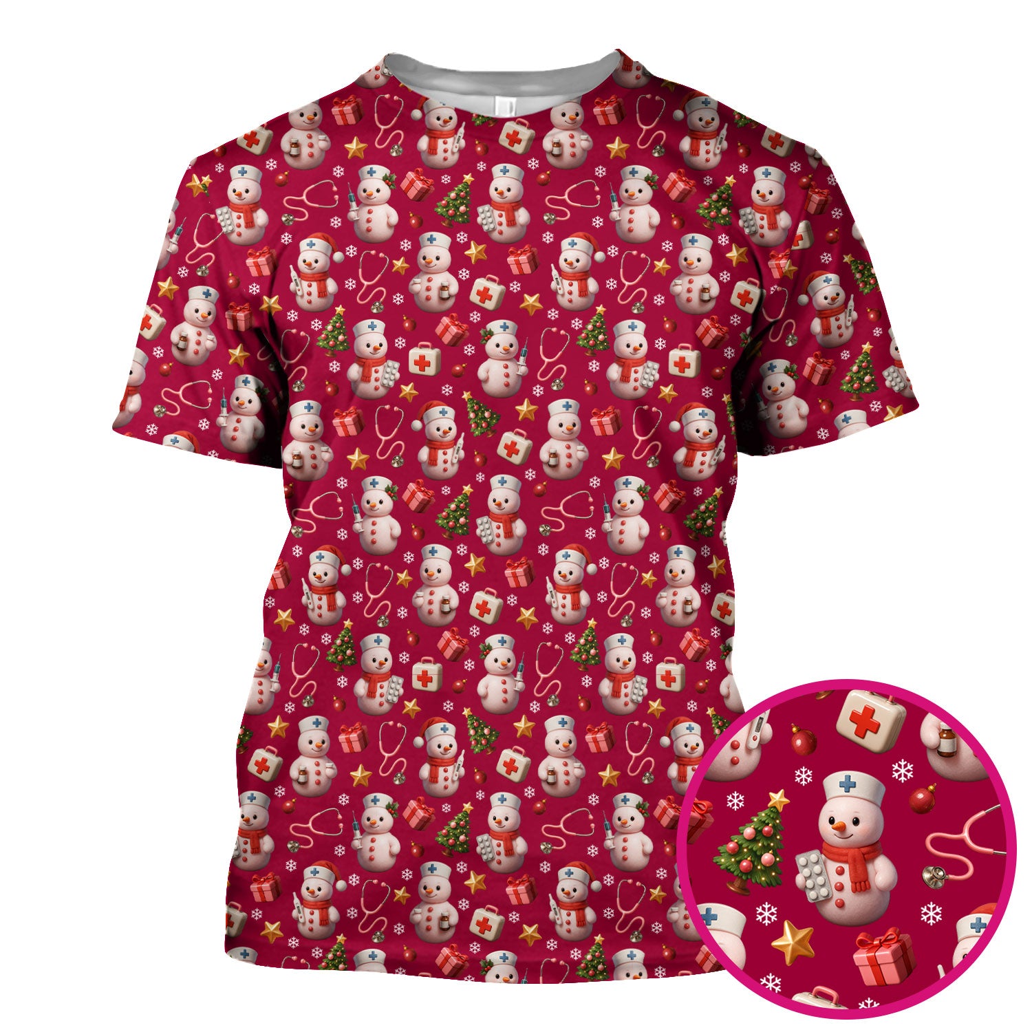 Snowman Pattern Christmas Nurse Scrub Top - Cute Holiday Medical Shirt - Funny Festive Scrubs Gift for RN LPN CNA Nurses