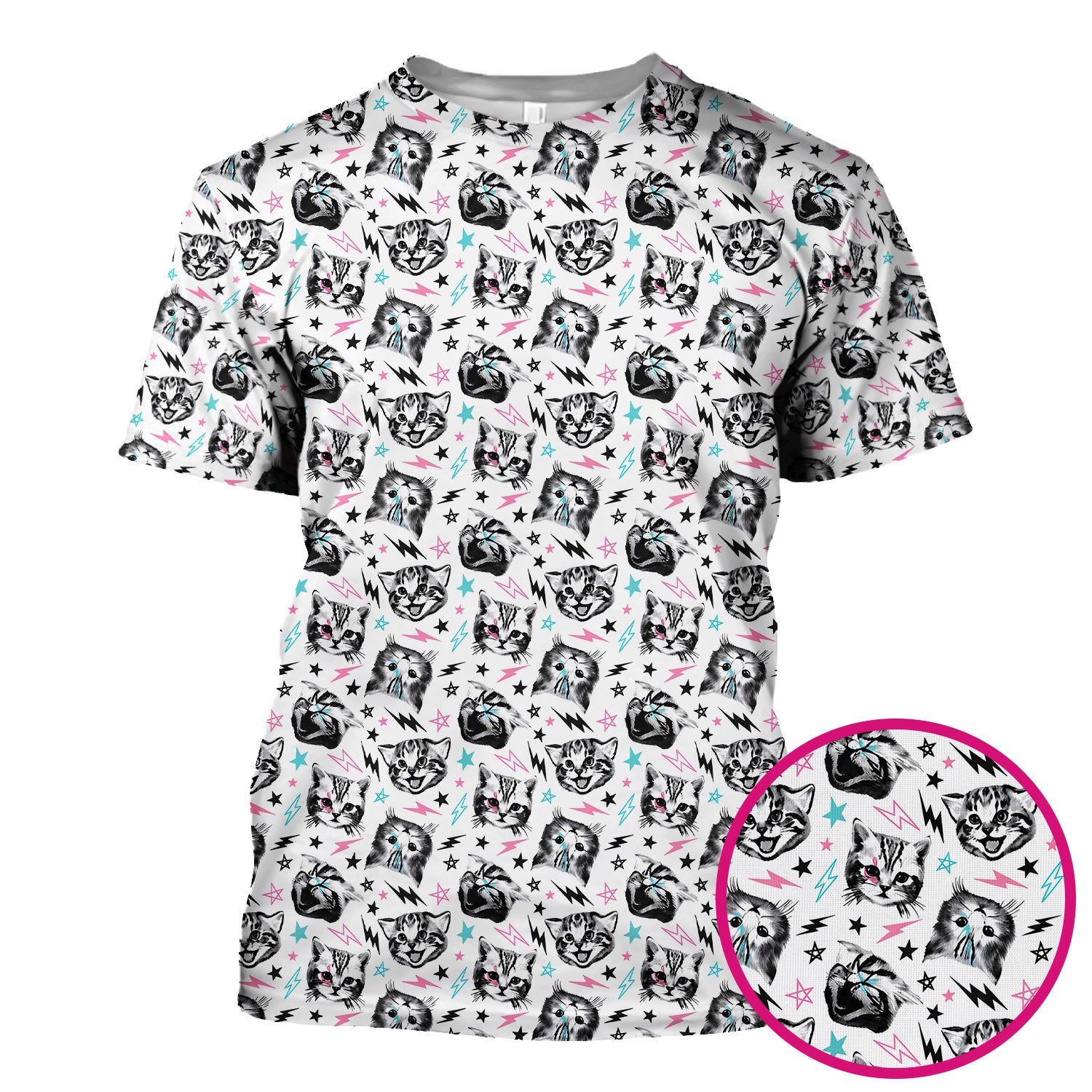 Playful Cat Faces Lightning Pattern Scrub Top, Comfortable Scrubs for Nurses