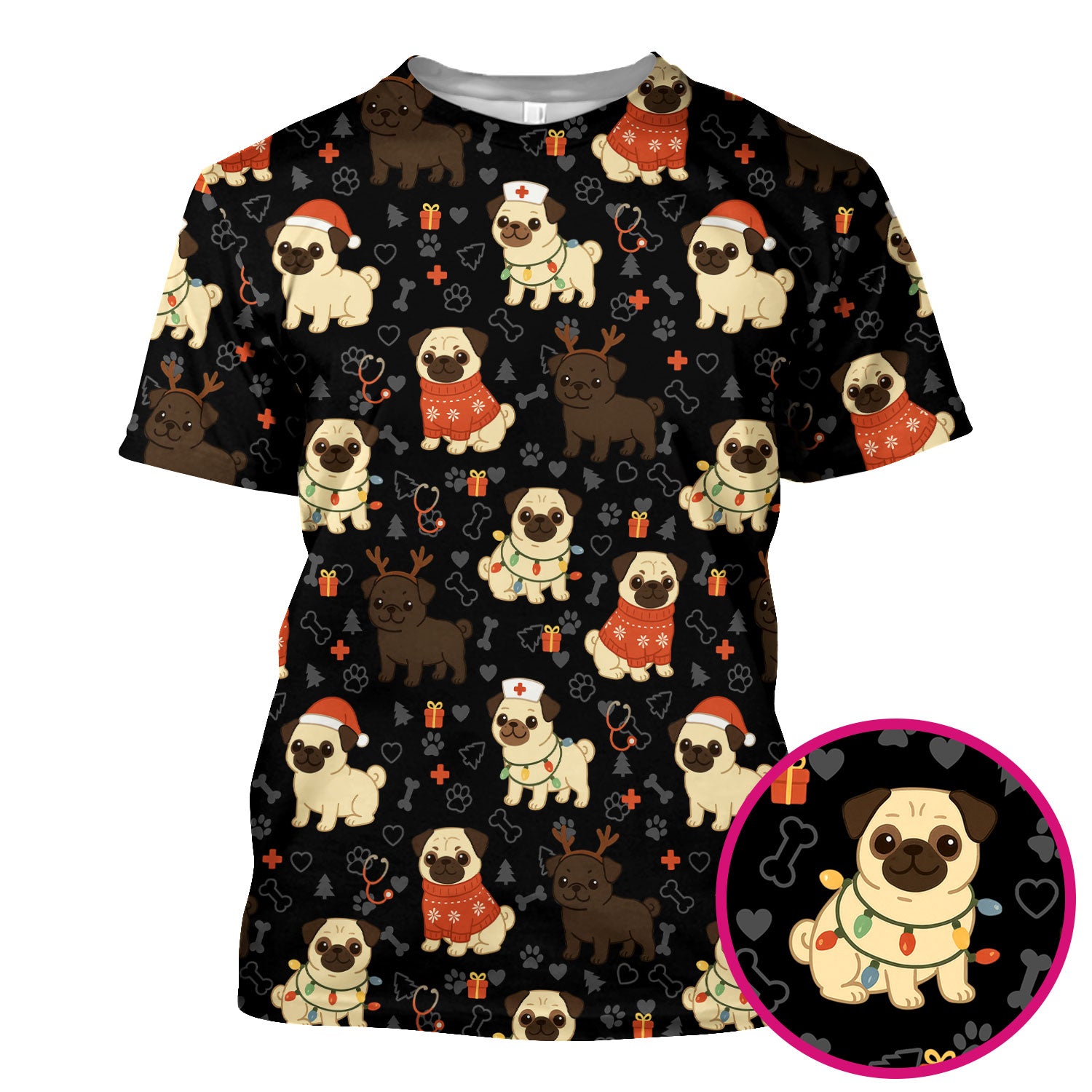 Cute Pug Christmas Nurse Scrub Top for Women - Funny Holiday Dog Pattern Medical Shirt - Festive Gift for RN LPN CNA Vet Nurses