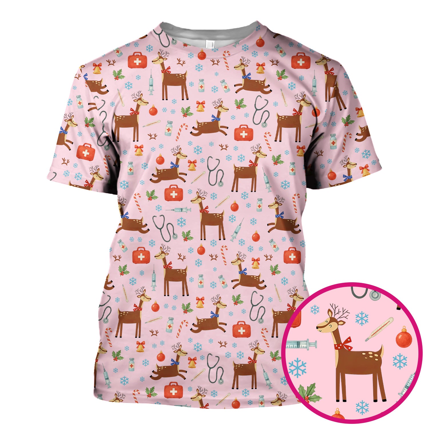 Reindeer Christmas Scrub Top - Snowflakes Candy Canes Holiday Medical Shirt - Xmas Scrubs for Women RN CNA LPN