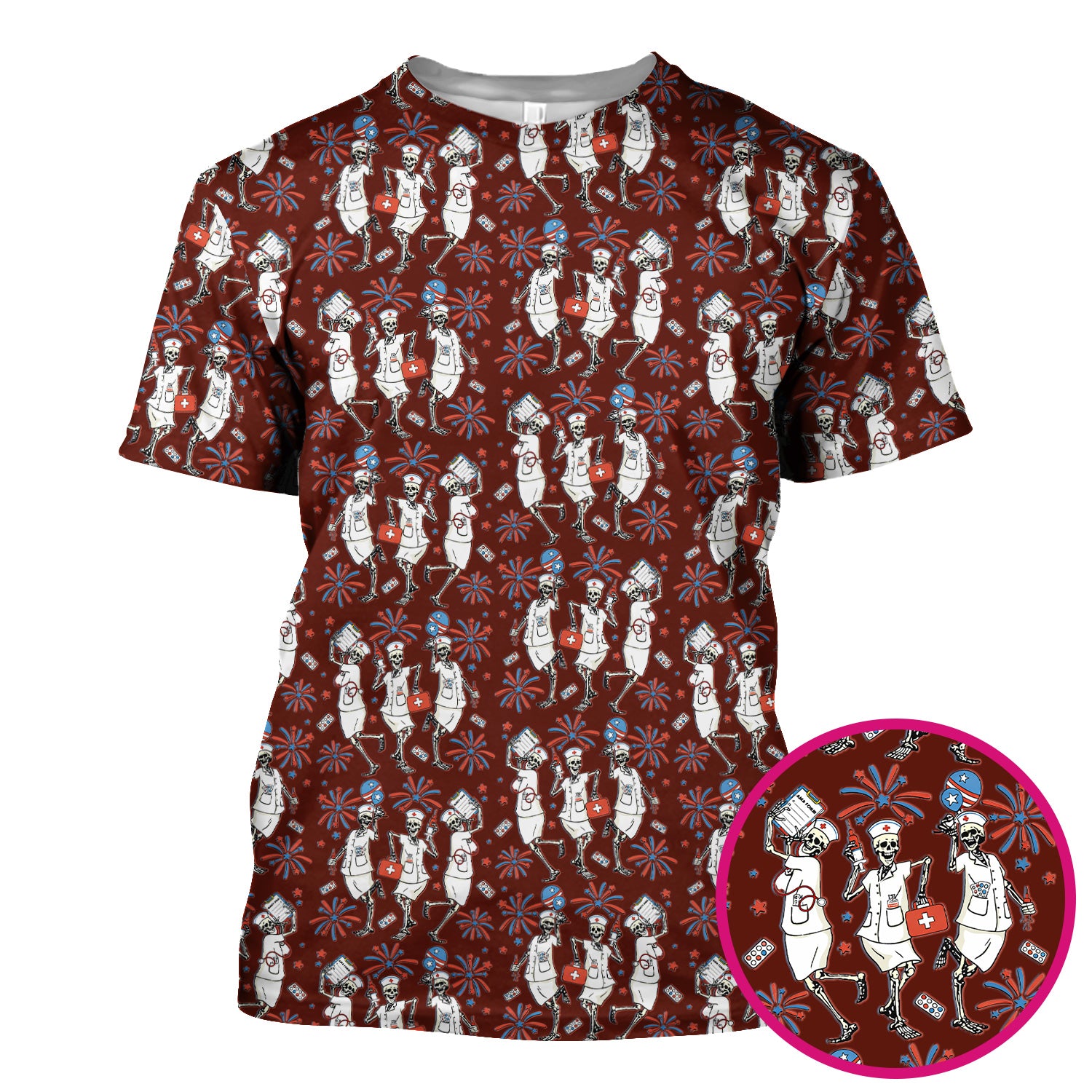 Funny Skeleton Nurse Patriotic Print Scrub Top, Halloween USA Fireworks Nursing Uniform for Women