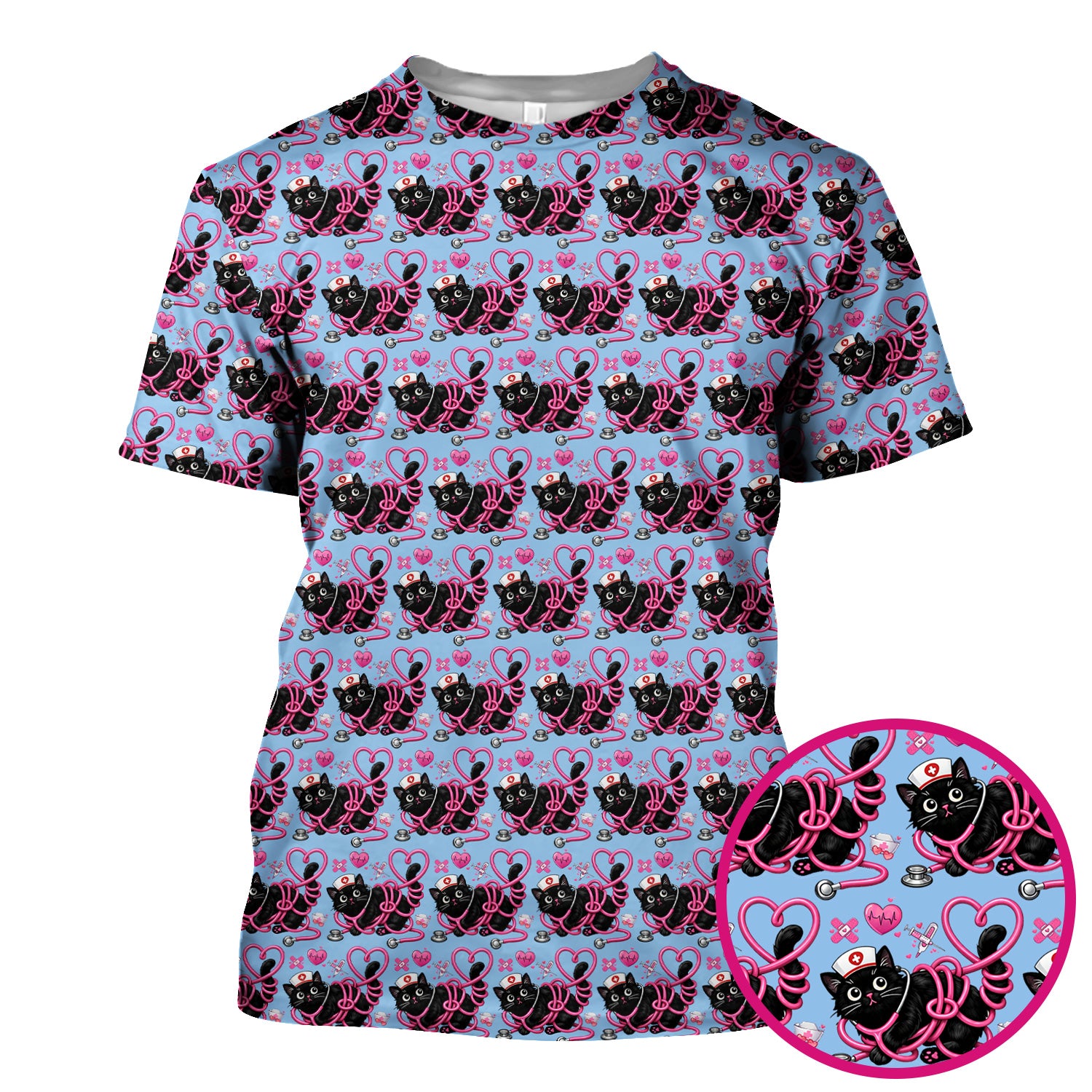 Valentine Cute Cat Nurse Heart Print Scrub Top, Comfortable Scrubs for Nurses