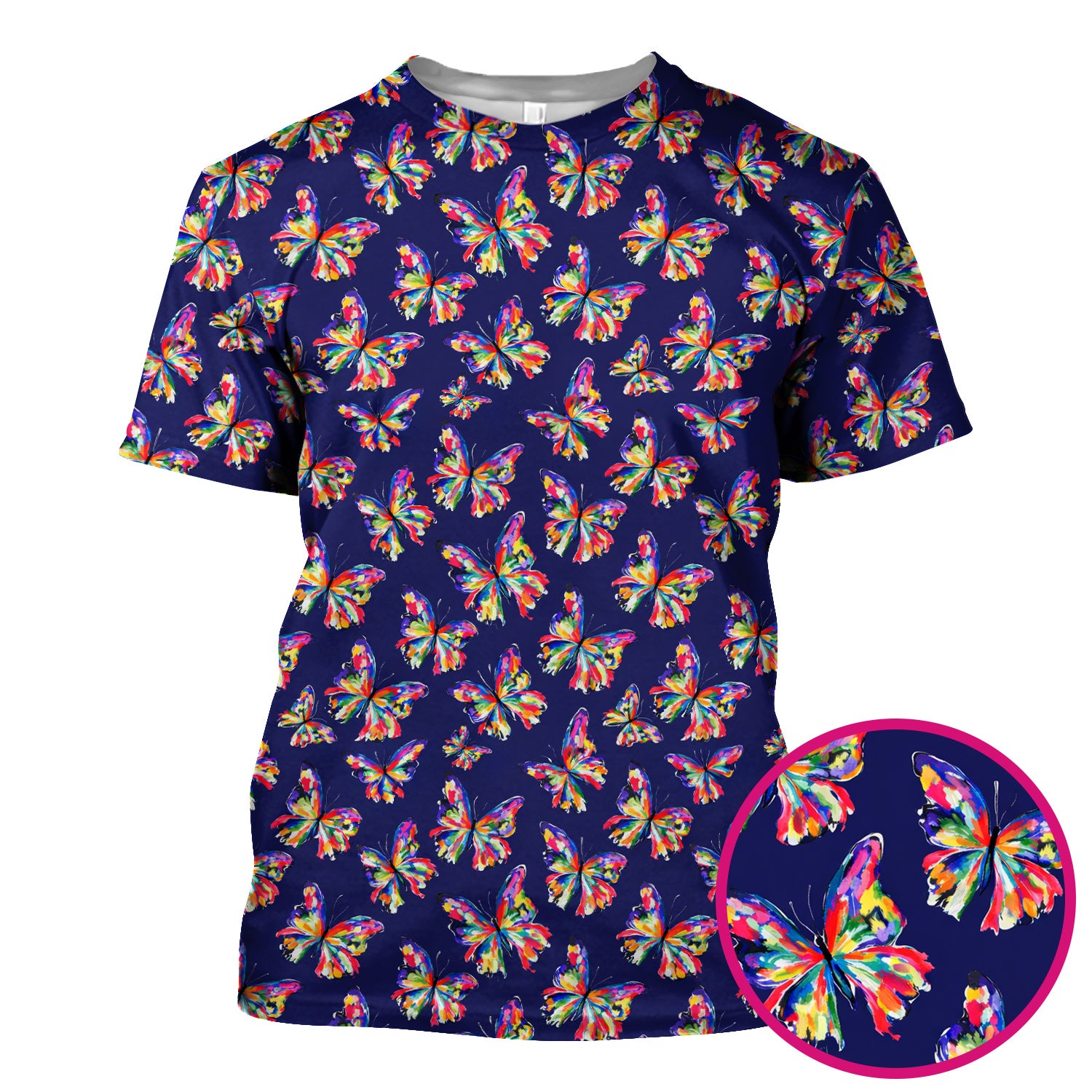 Vibrant Rainbow Butterfly Pattern Scrub Top, Comfortable Scrubs for Nurses