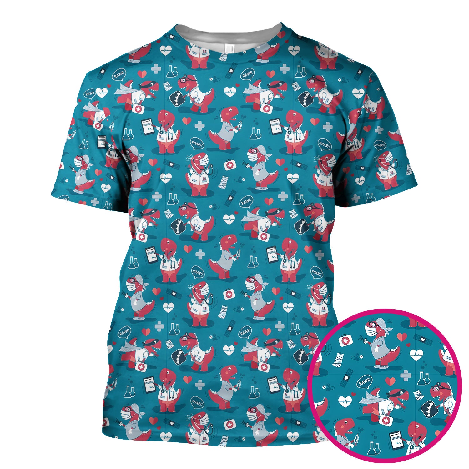 Cute Dinosaur Doctor Medical Pattern Scrub Top, Breathable Fabrics Nursing Uniform