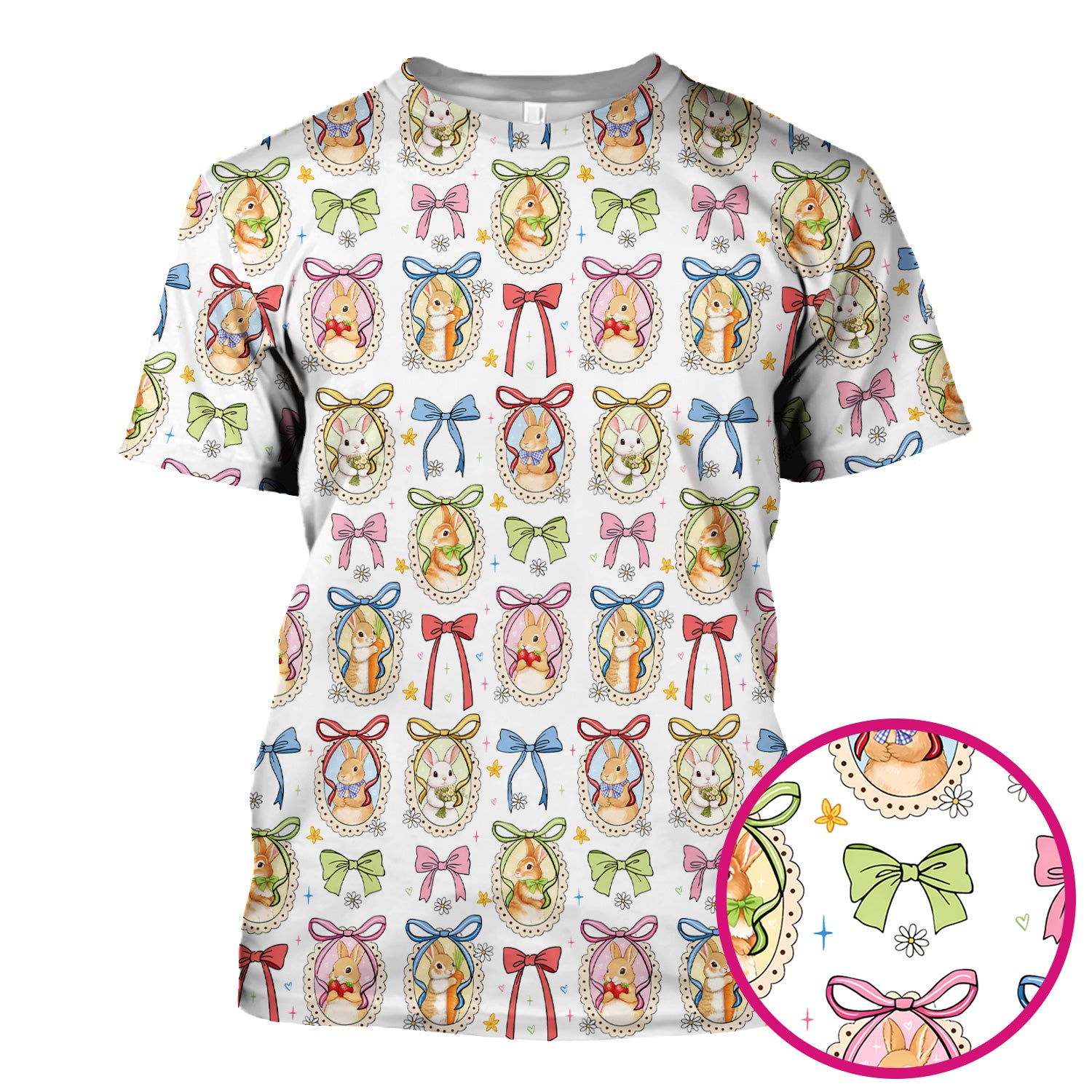Cute Easter Bunny Cameo Colorful Bow Pattern Scrub Top, Breathable Fabrics Nursing Uniform