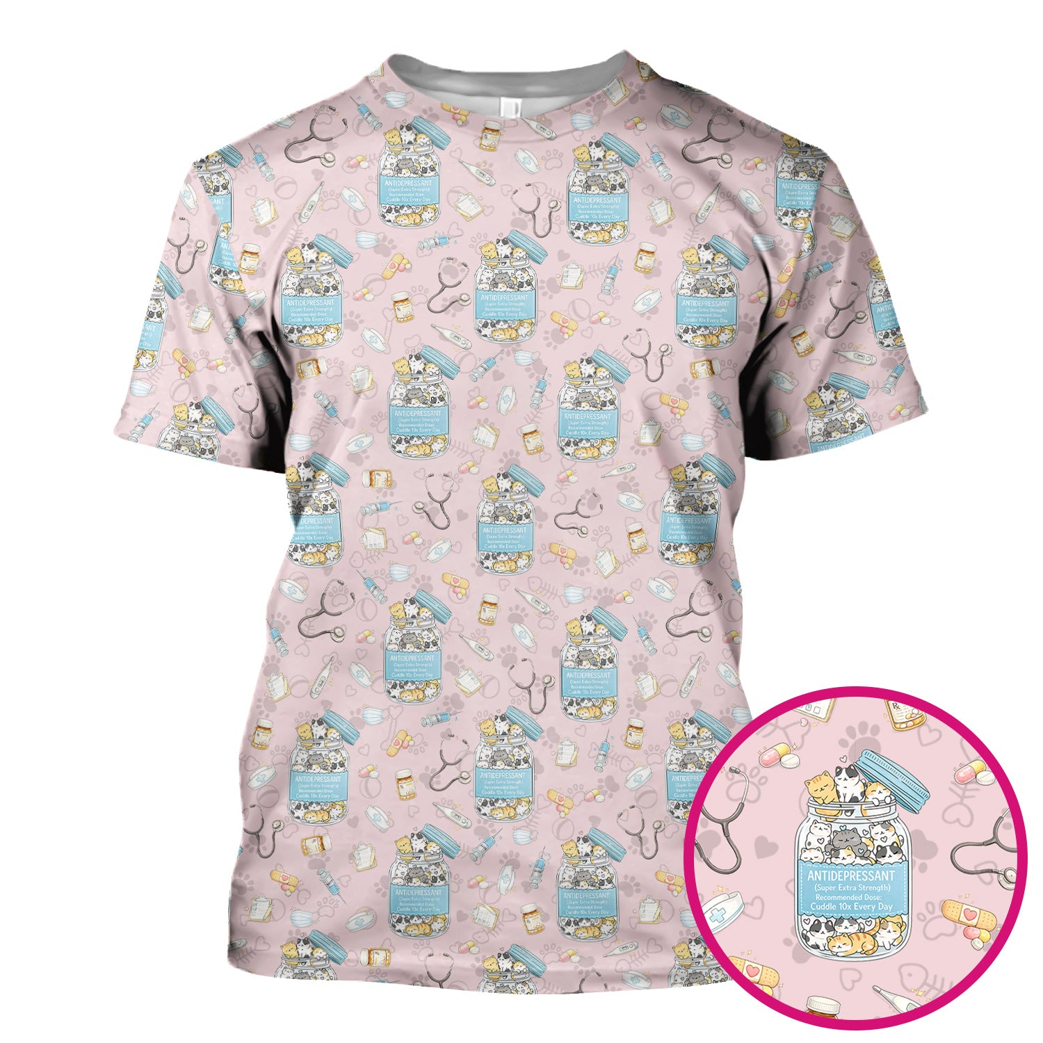 Cute Antidepressant Cat Jar Print Nurse Scrub Top, Breathable Fabrics Nursing Uniform