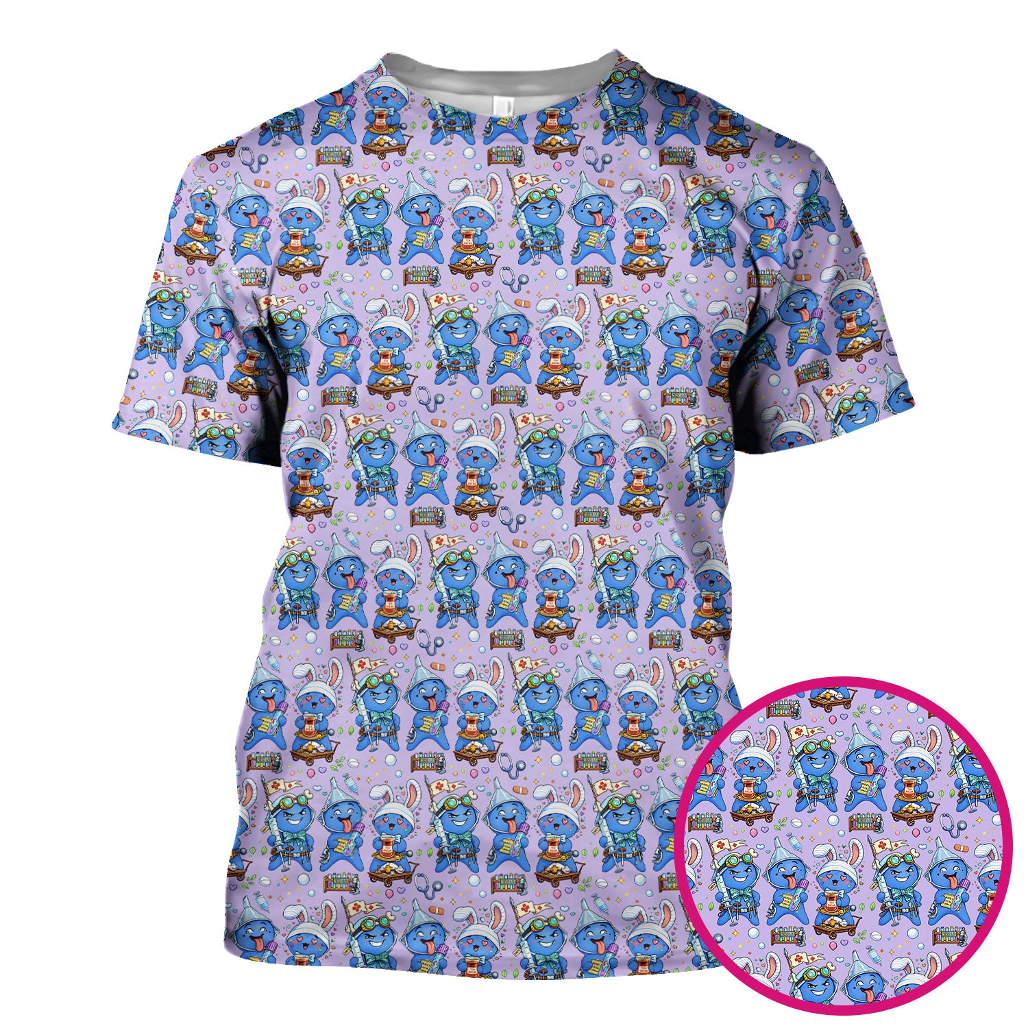 Cute Glove Doll Hospital Medical Cartoon Nurse Pattern Scrub Top, Comfortable Scrubs for Nurses