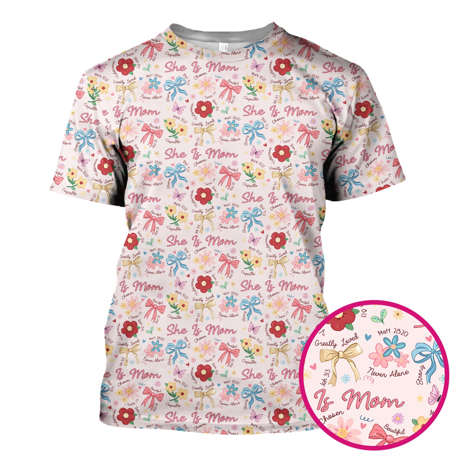 She Is Mom Floral Bow Pattern Scrub Top, Comfortable Scrubs for Nurses