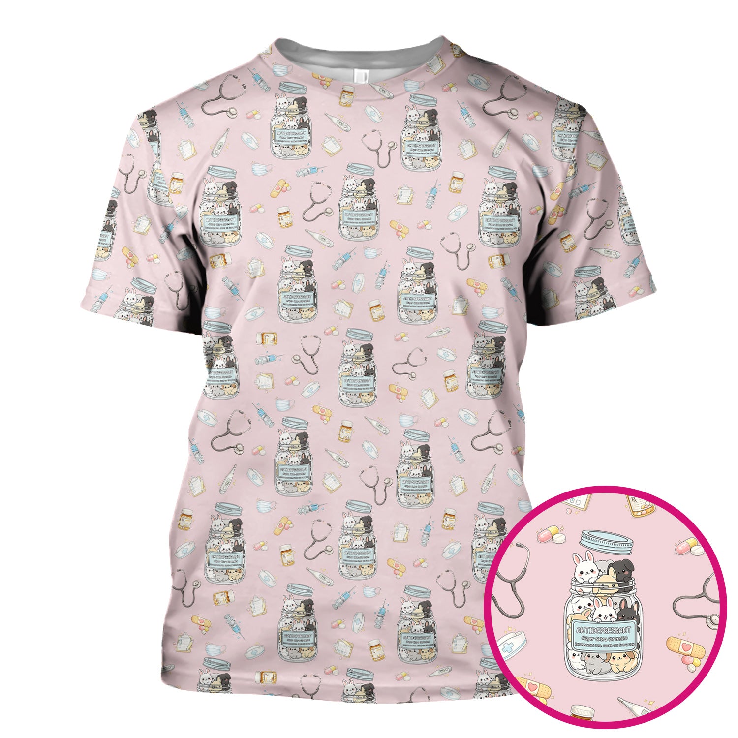 Whimsical Antidepressant Rabbit Jar Design Nurse Scrub Top, Soft & Breathable Workwear