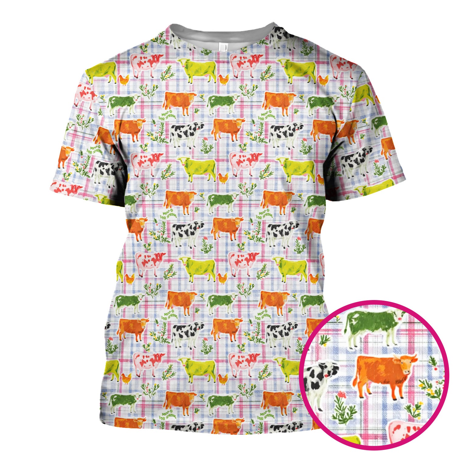 Colorful Farm Cow Plaid Print Scrub Top, Cute Country Scrubs for Nurses