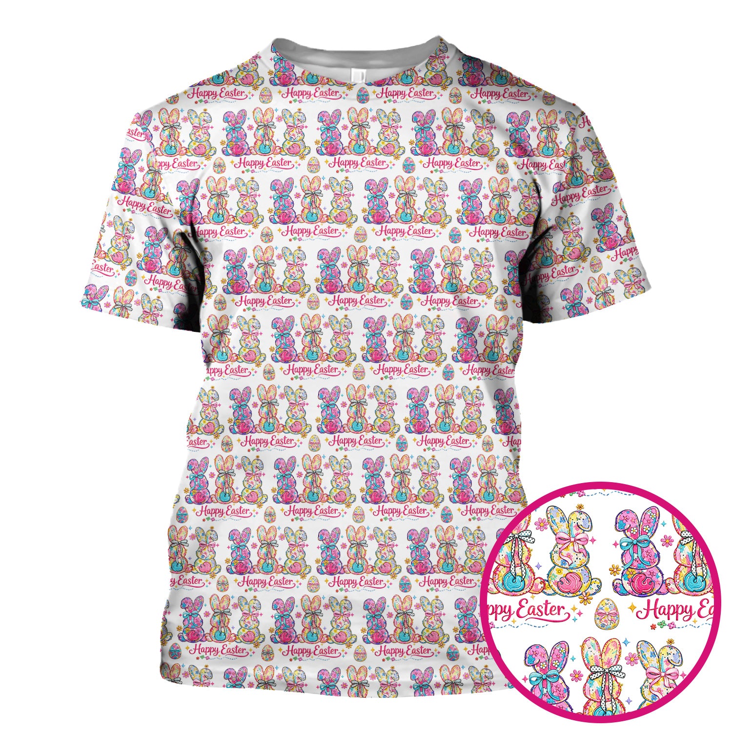 Pink Happy Easter Bunny Pattern Scrub Top, Comfortable Scrubs for Nurses