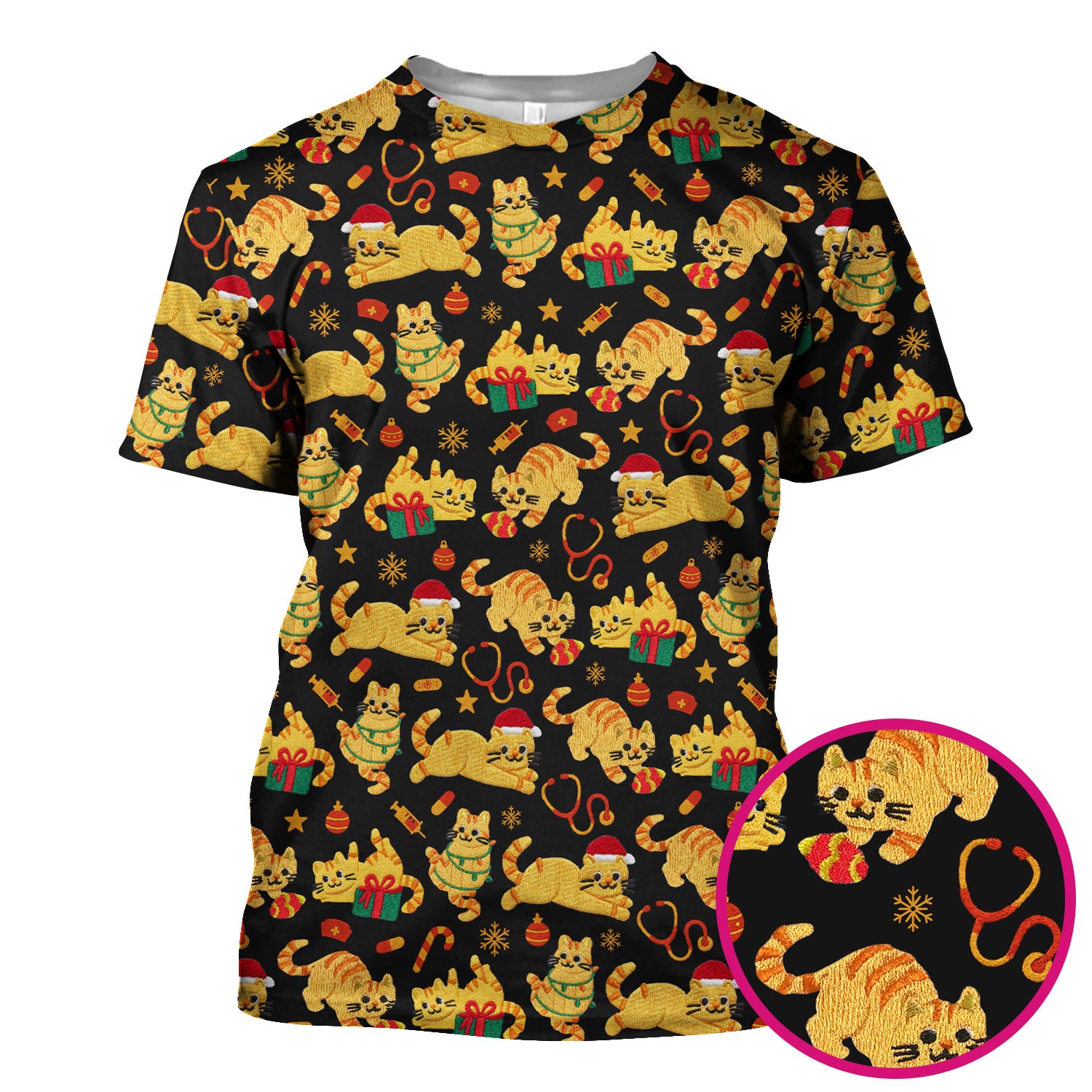 Christmas Cat Nurse Scrub Top, Cute Holiday Kitty Medical Uniform Shirt For Nursing