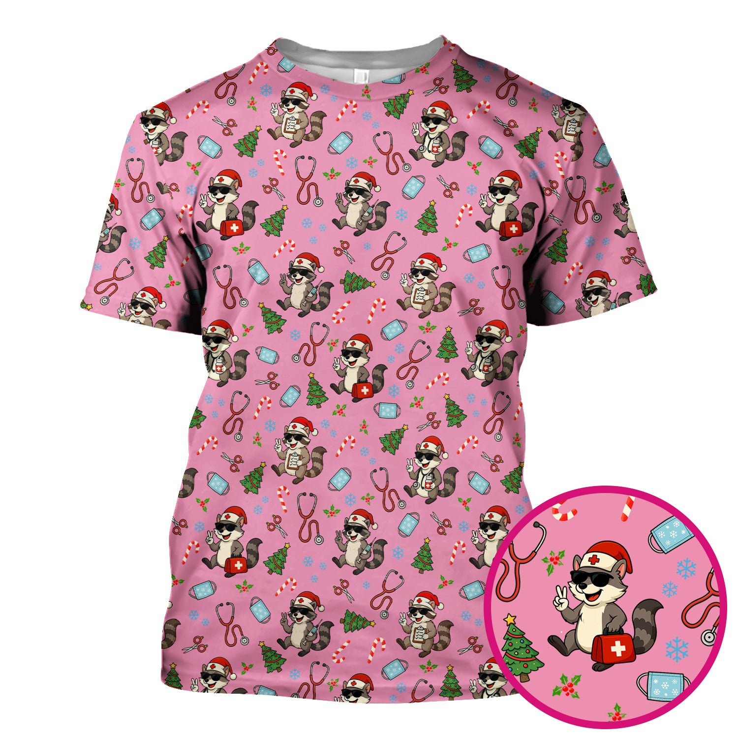 Christmas Scrub Top for Nurses - Funny Raccoon and Medical Tools Pattern - Festive Holiday Nurse Scrubs Shirt Gift for Women RN LPN CNA
