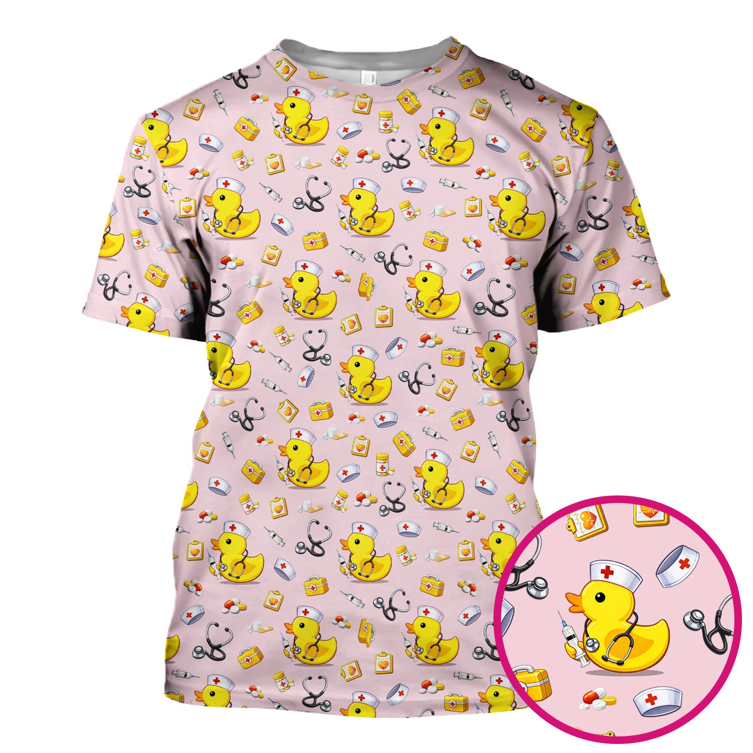 Playful Medical Duck Print Nurse Scrub Top, Comfortable Scrubs for Nurses