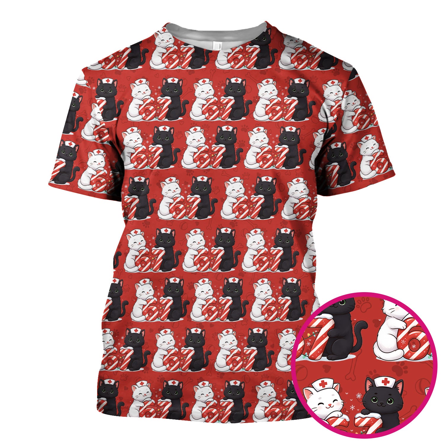 Xmas Cat Pattern Scrub Top, Christmas Nurse Six Seven With Cat Scrub Shirt, Breathable Fabrics Nursing Uniform