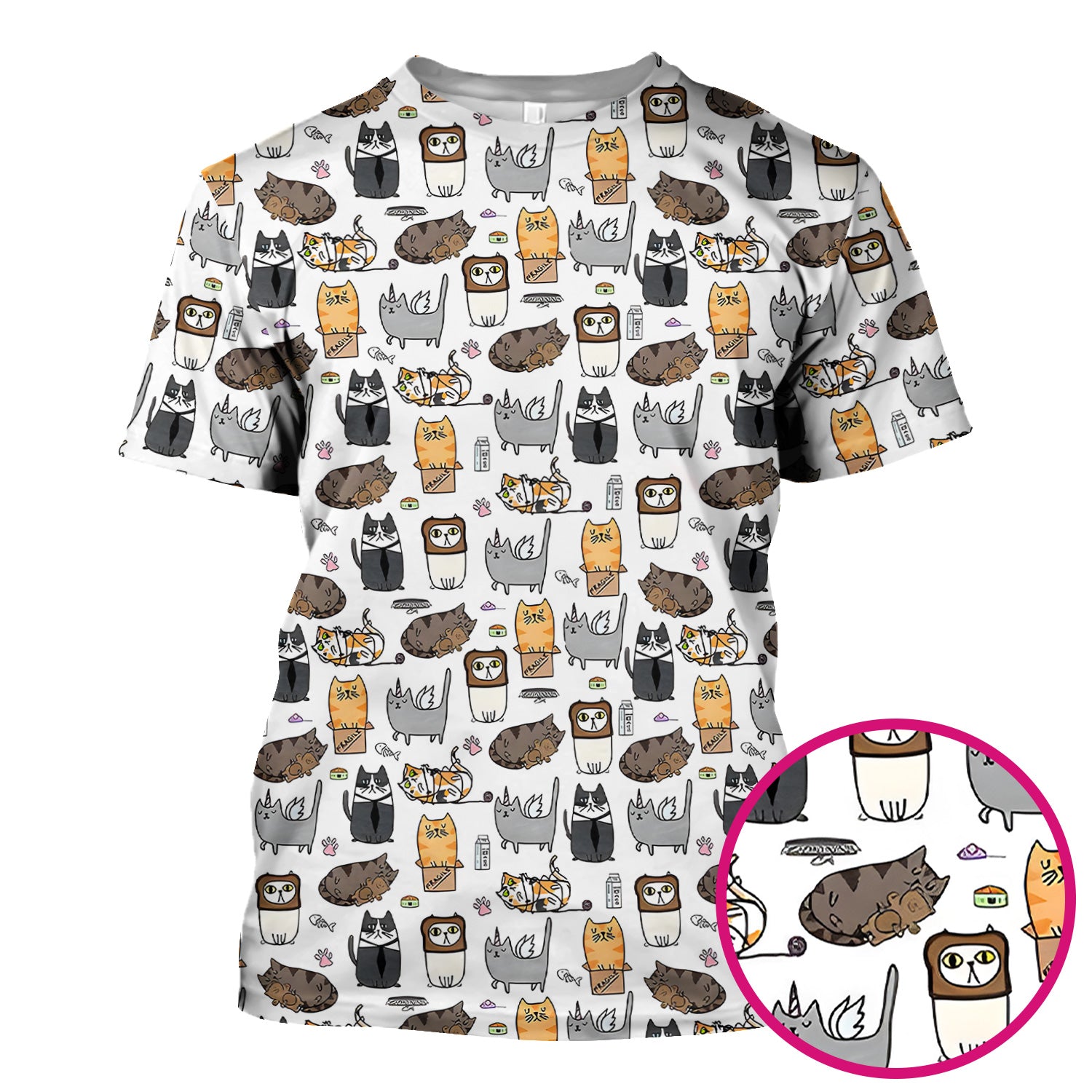 Lazy Cat Doodle Pattern Scrub Top, All Over Cozy Kitty Nursing Uniform for Women