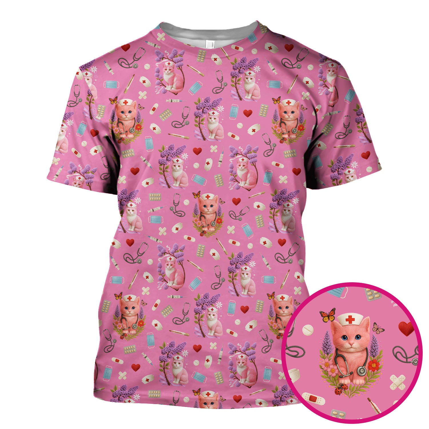 Pink Cat Print Medical Scrub Top - Cute Nurse Shirt for Women - Funny Pattern Gift for RN LPN CNA Healthcare Workers