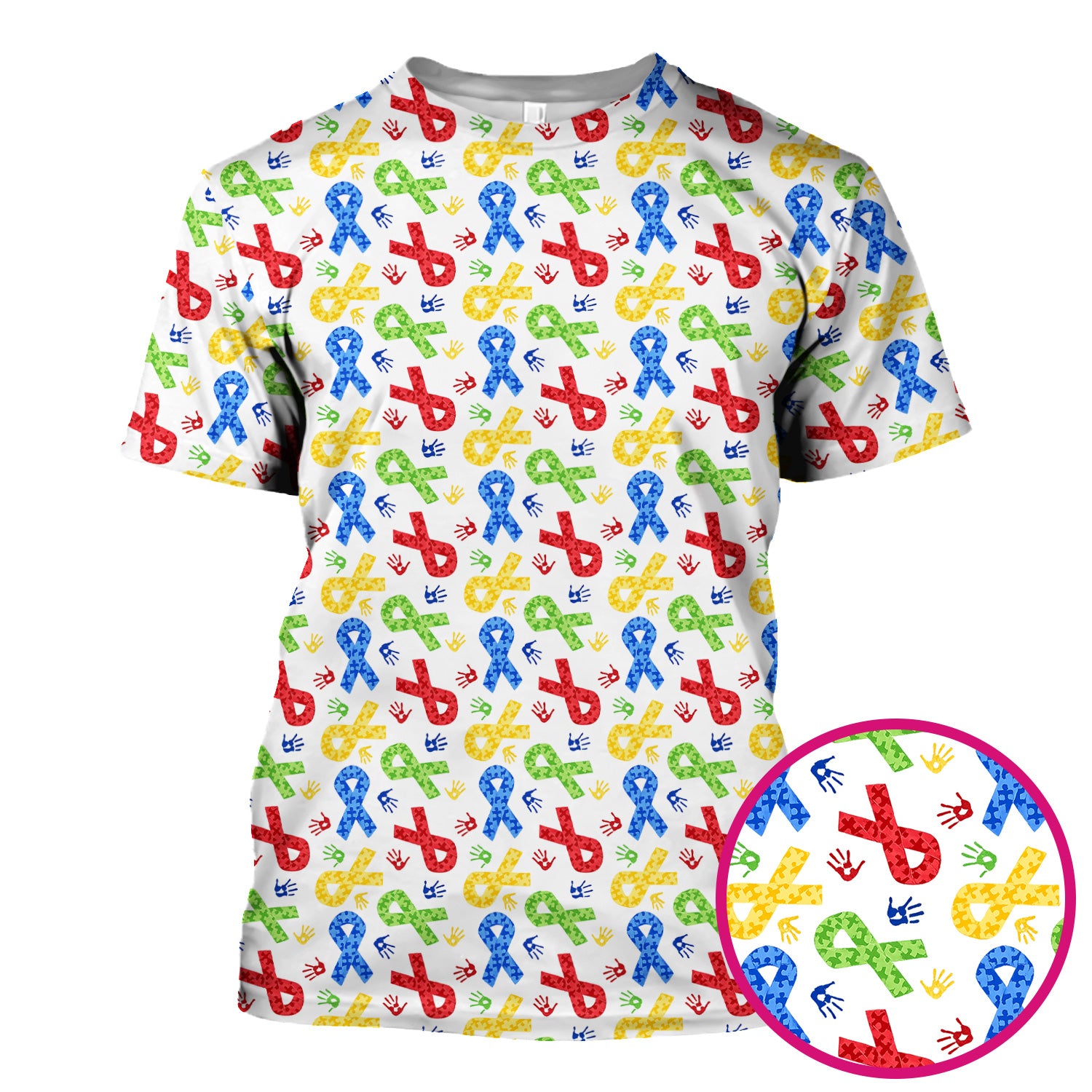 Multicolor Ribbon Pattern Print Scrub Top, Soft & Breathable Nurse Scrubs