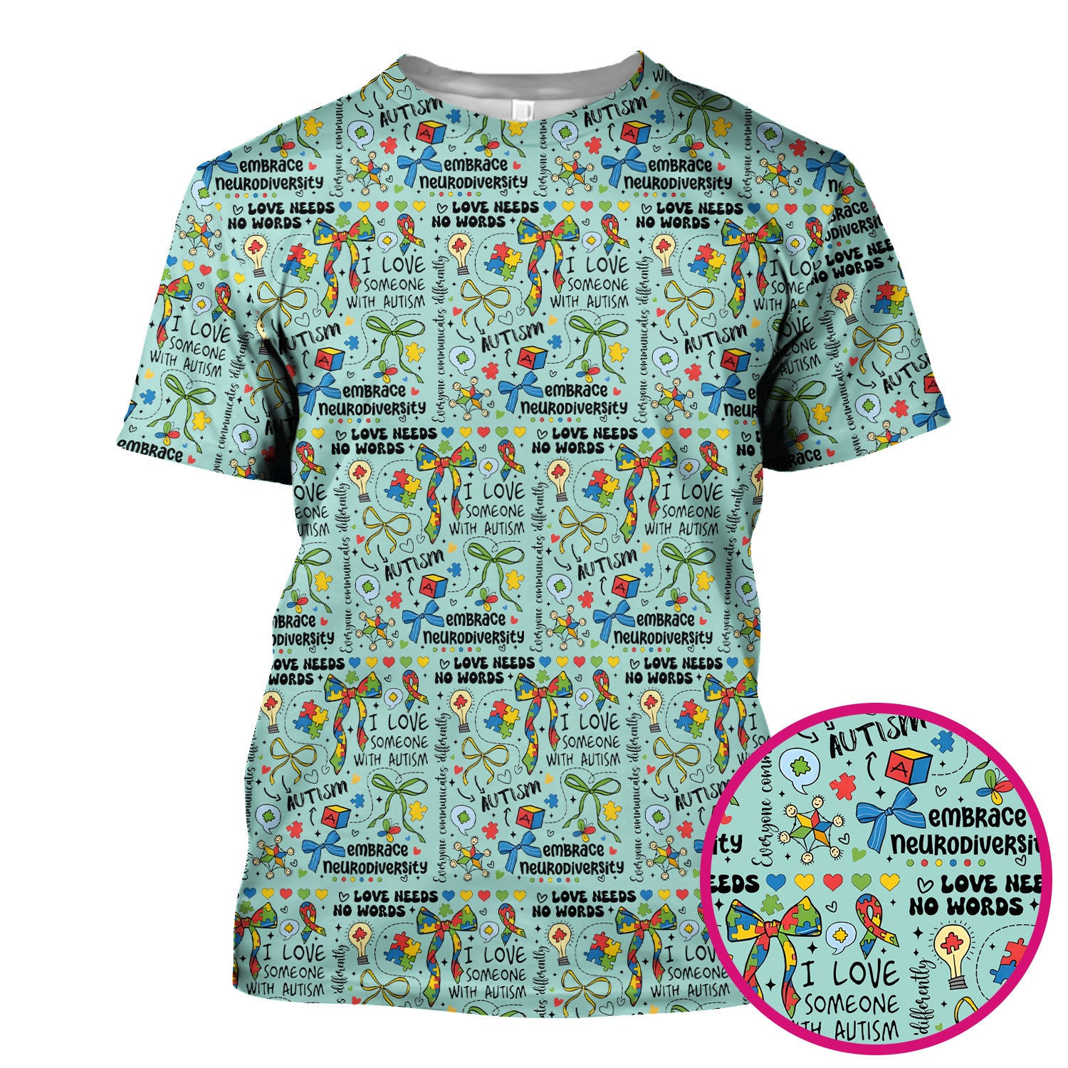 Autism Awareness Puzzle Ribbon Pattern Scrub Top, Breathable Fabrics Nursing Uniform