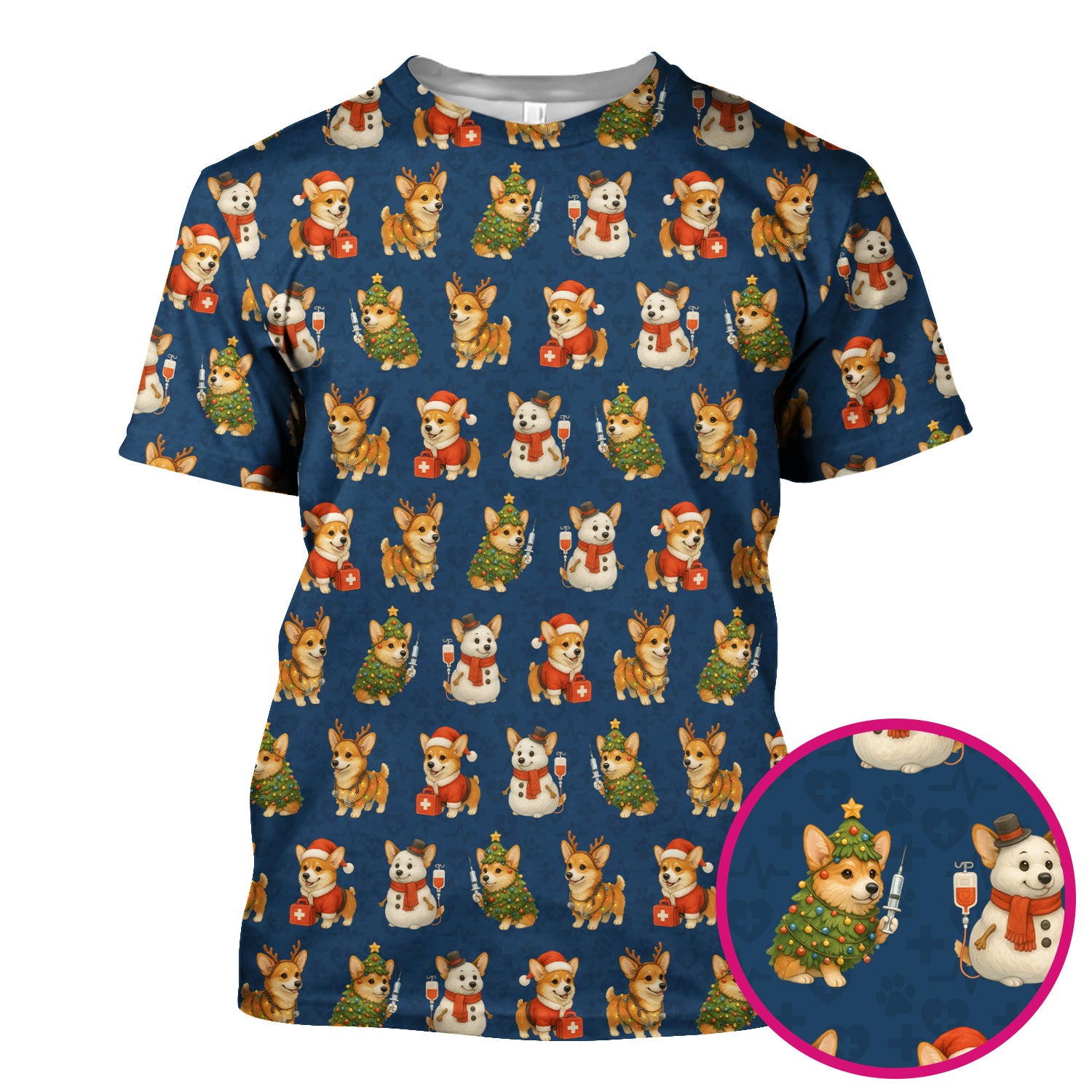 Cute Christmas Corgi Scrubs - Festive Pattern Scrub Top for Women - Cozy Holiday Nurse Scrubs Gift for Dog Lovers
