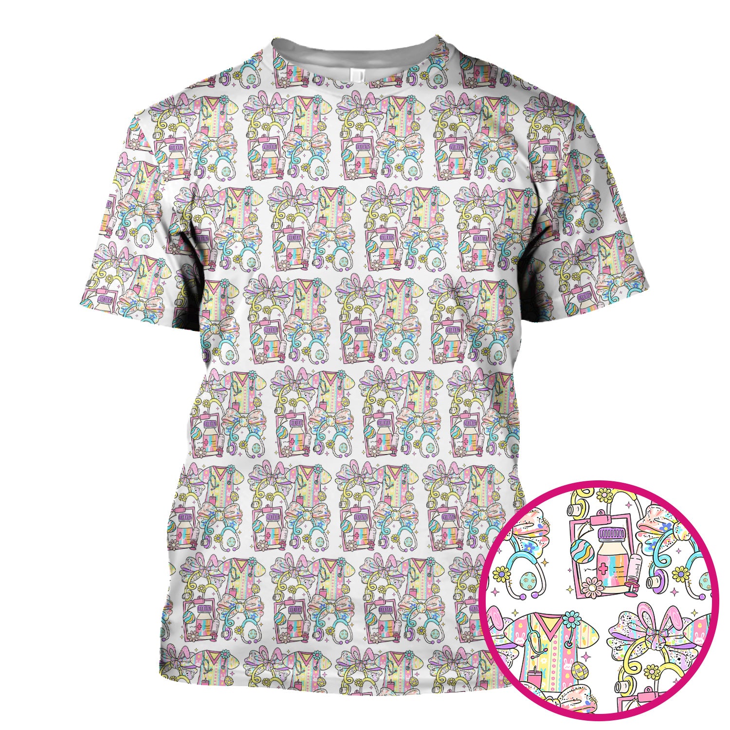 Colorful Nurse Scrub Supplies Pattern Scrub Top, Breathable Fabrics Nursing Uniform