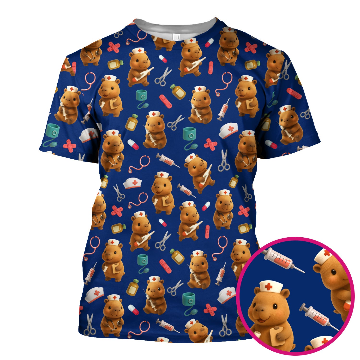 Funny Bear Scrub Top for Women - Nurse Hat and Syringe Pattern Medical Scrubs - Cute Teddy Nurse Shirt Gift for RN CNA LPN