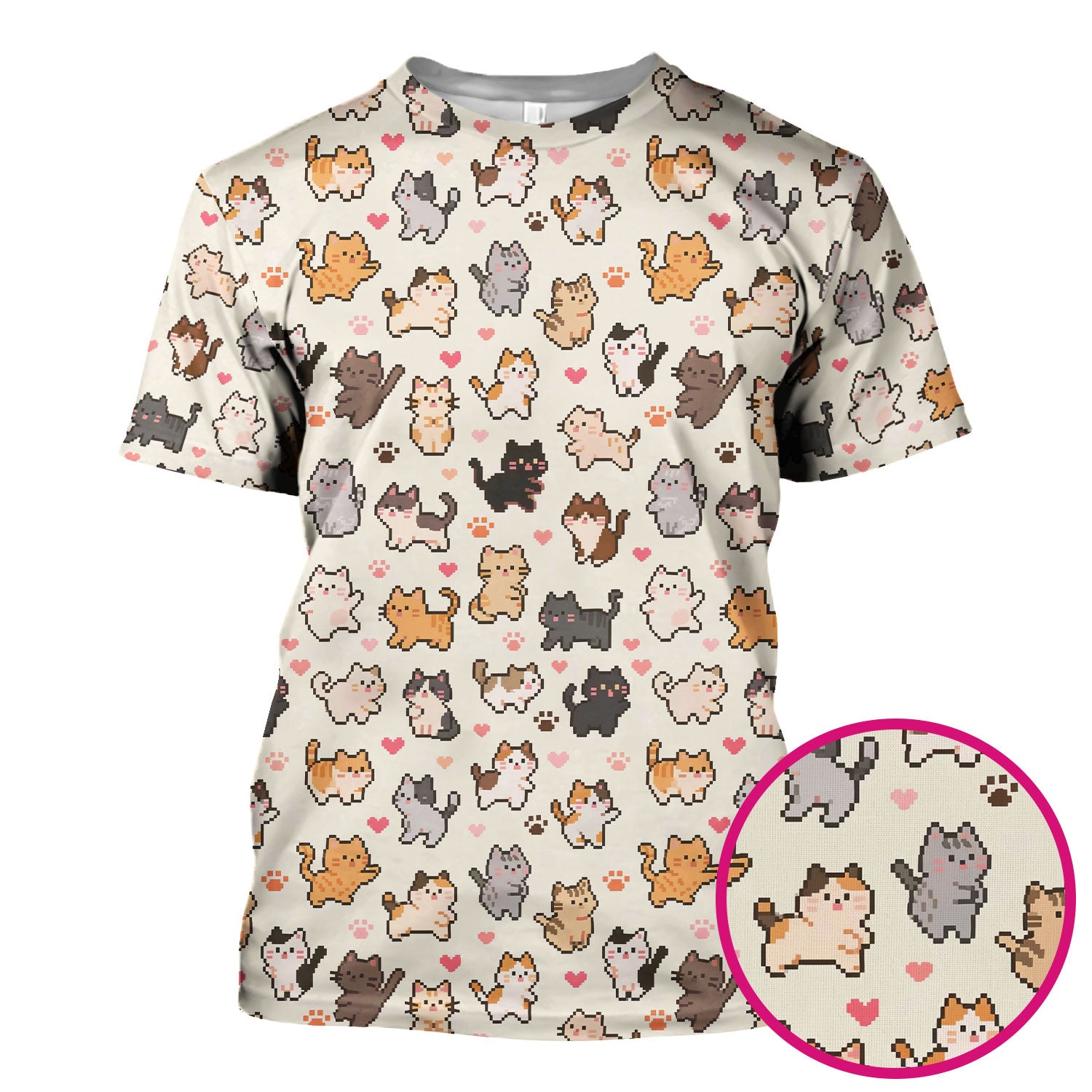 Cute Pixel Cat Heart Paw Pattern Scrub Top, Breathable Fabrics Nursing Uniform
