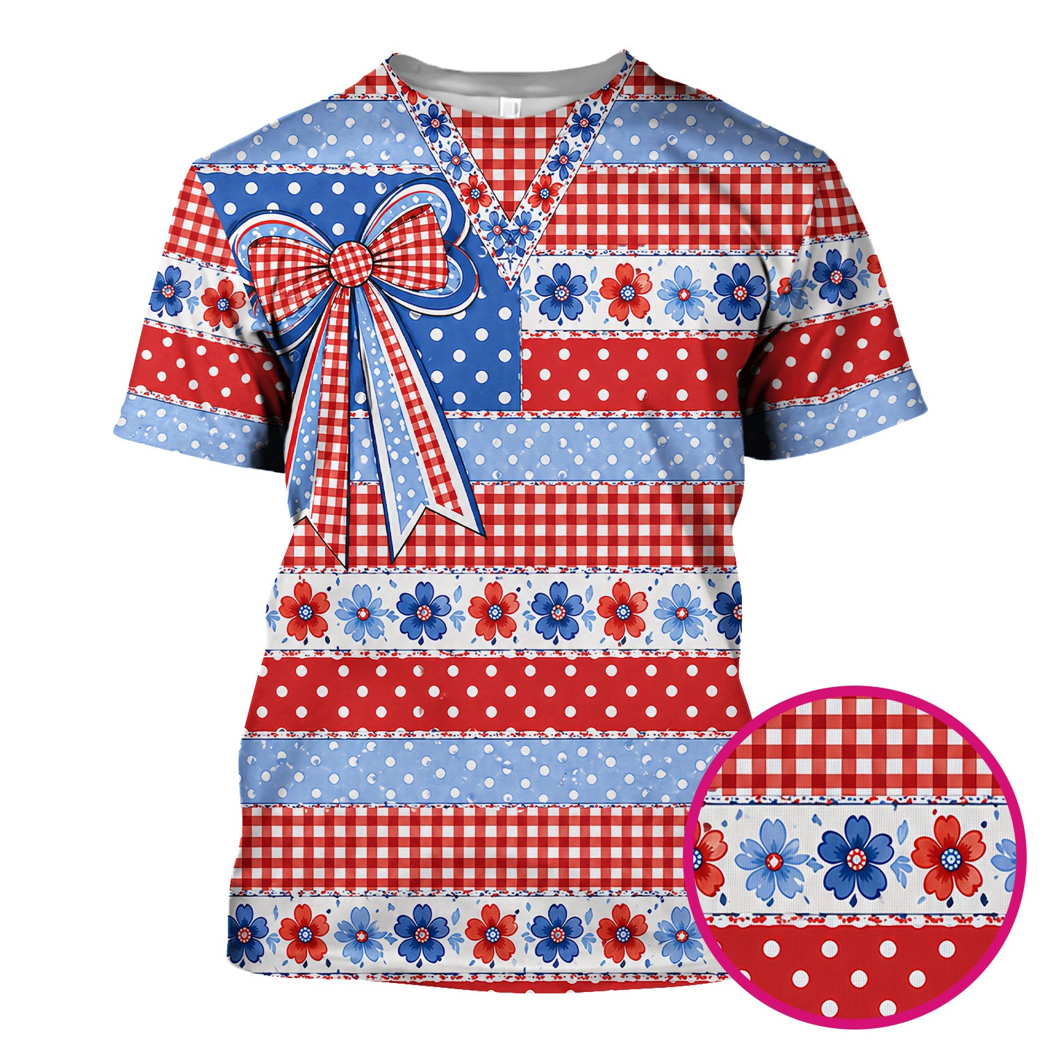 Patriotic Gingham Bow Floral Pattern Scrub Top, Comfortable Scrubs for Nurses