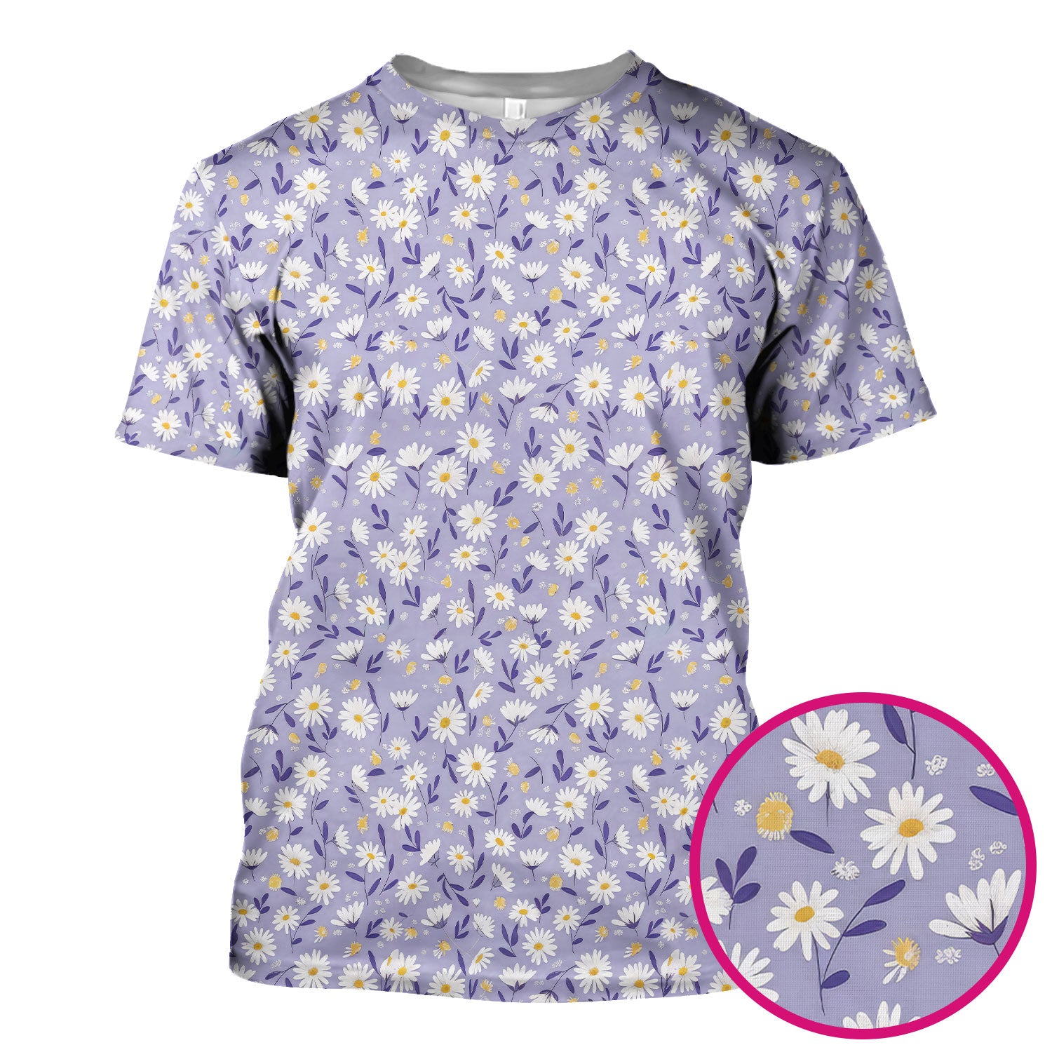Cute Purple Daisy Botanical Print Scrub Top, Comfortable Scrubs For Nurses