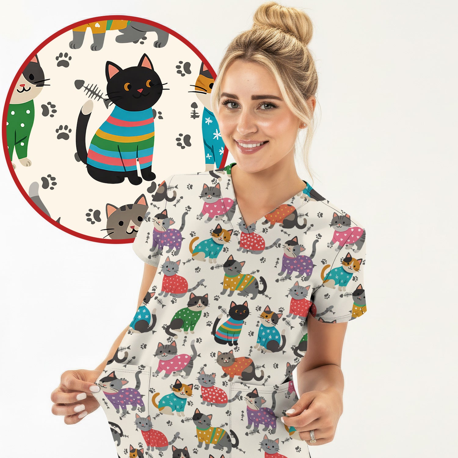 Cute Cat Nurse Scrub Top Multi Color - Funny Kitty Print Scrub Shirt for Women - Colorful Nursing Work Shirt with Pockets