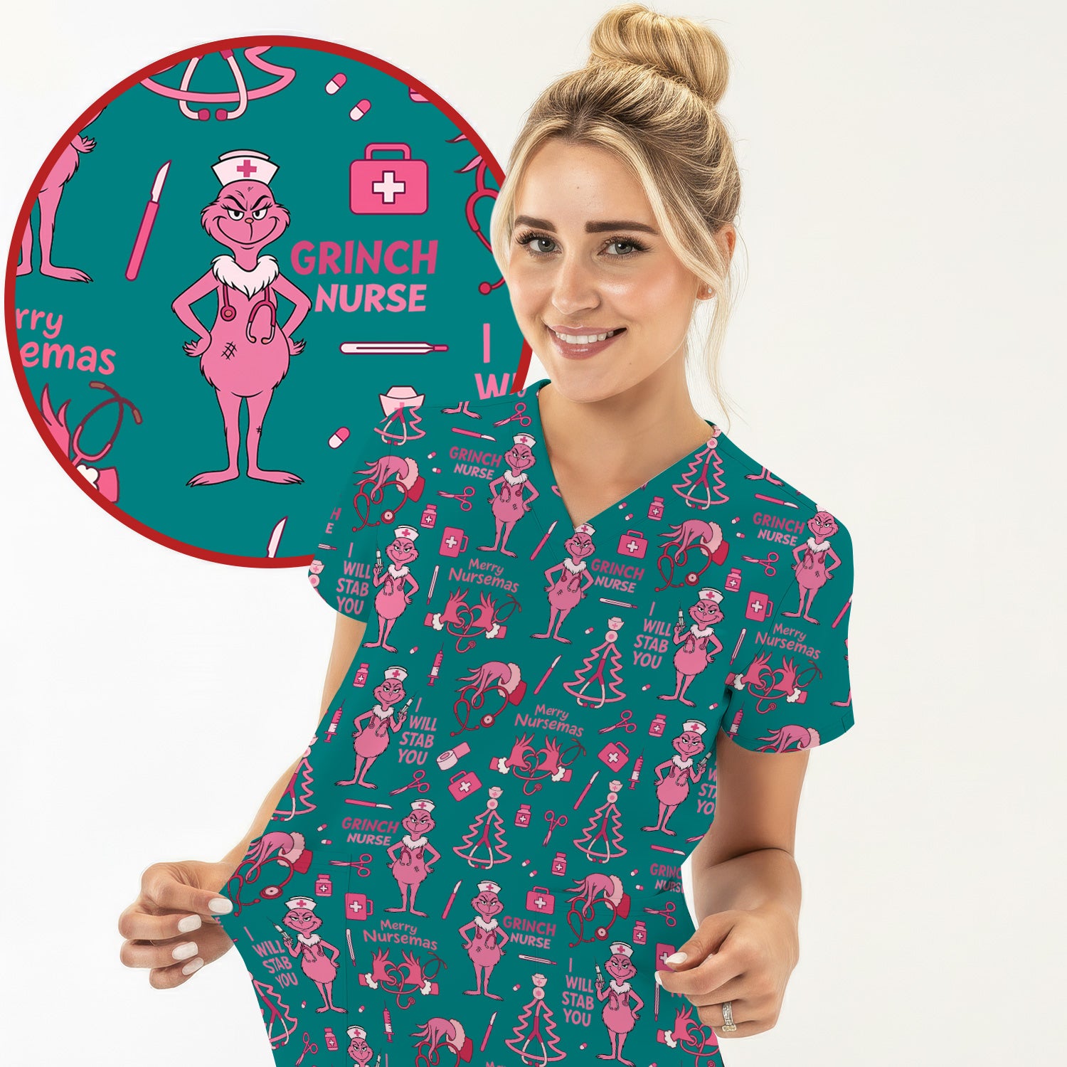 Funny Grinch Nurse Scrub Top - Merry Nursemas Shirt for Women - Multiple Color Options RN LPN CNA Gift