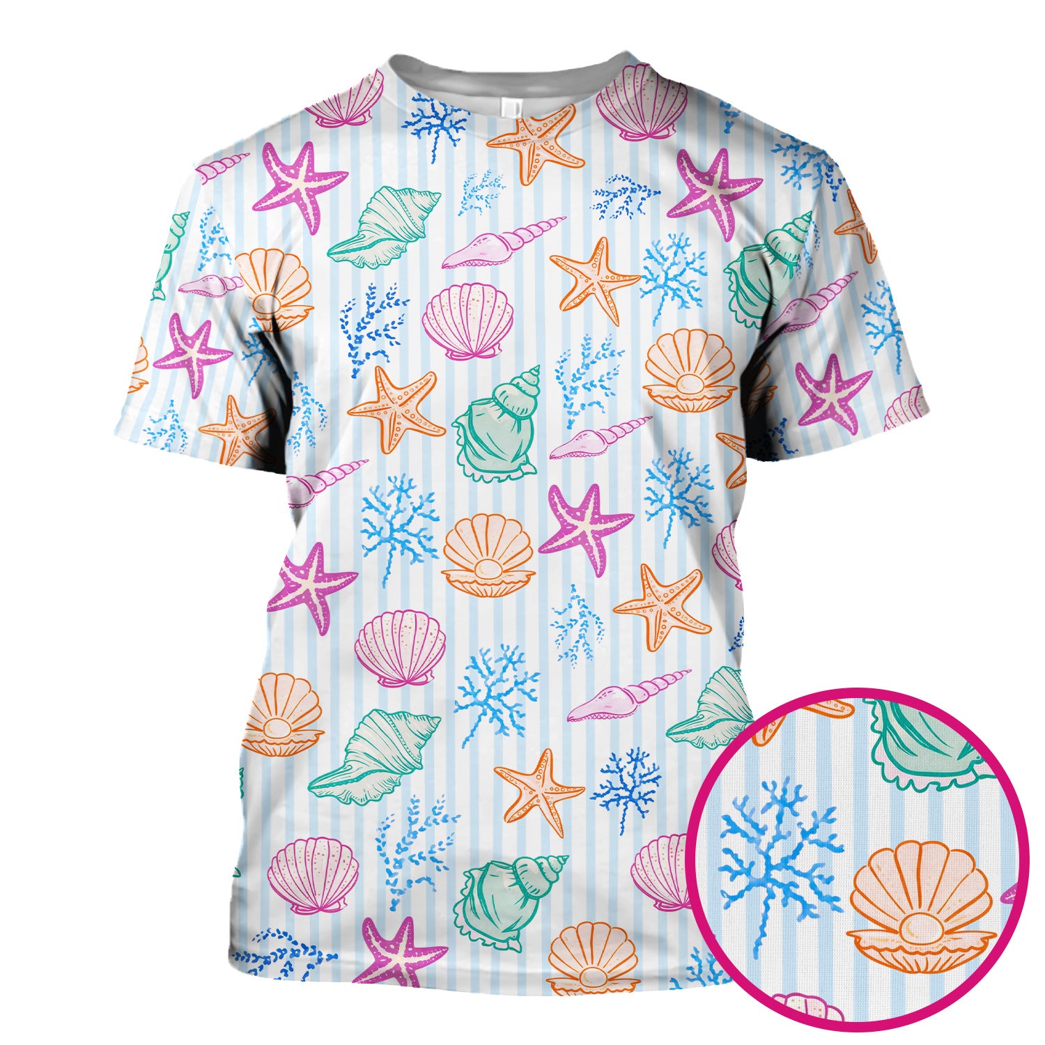 Colorful Seashell Starfish Ocean Stripe Pattern Scrub Top, Breathable Fabrics Nursing Uniform
